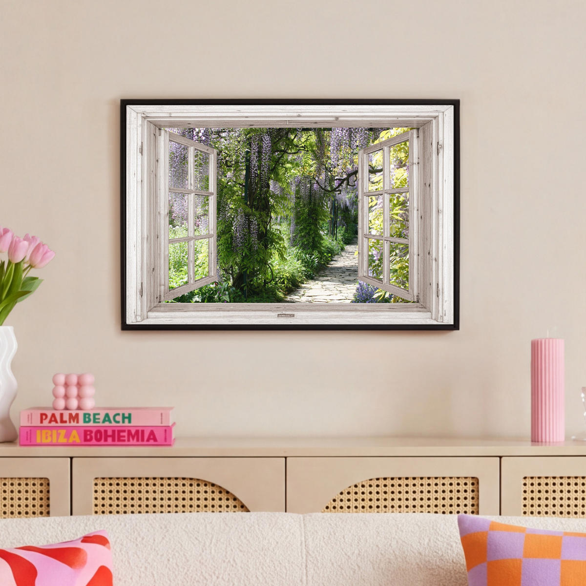 LEINWAND Bilder mit Rahmen - Blauer Regen - Blumen - Aussicht - Baum - Frühling - 60x40 - Grün, Textil (60/40cm) - MuchoWow