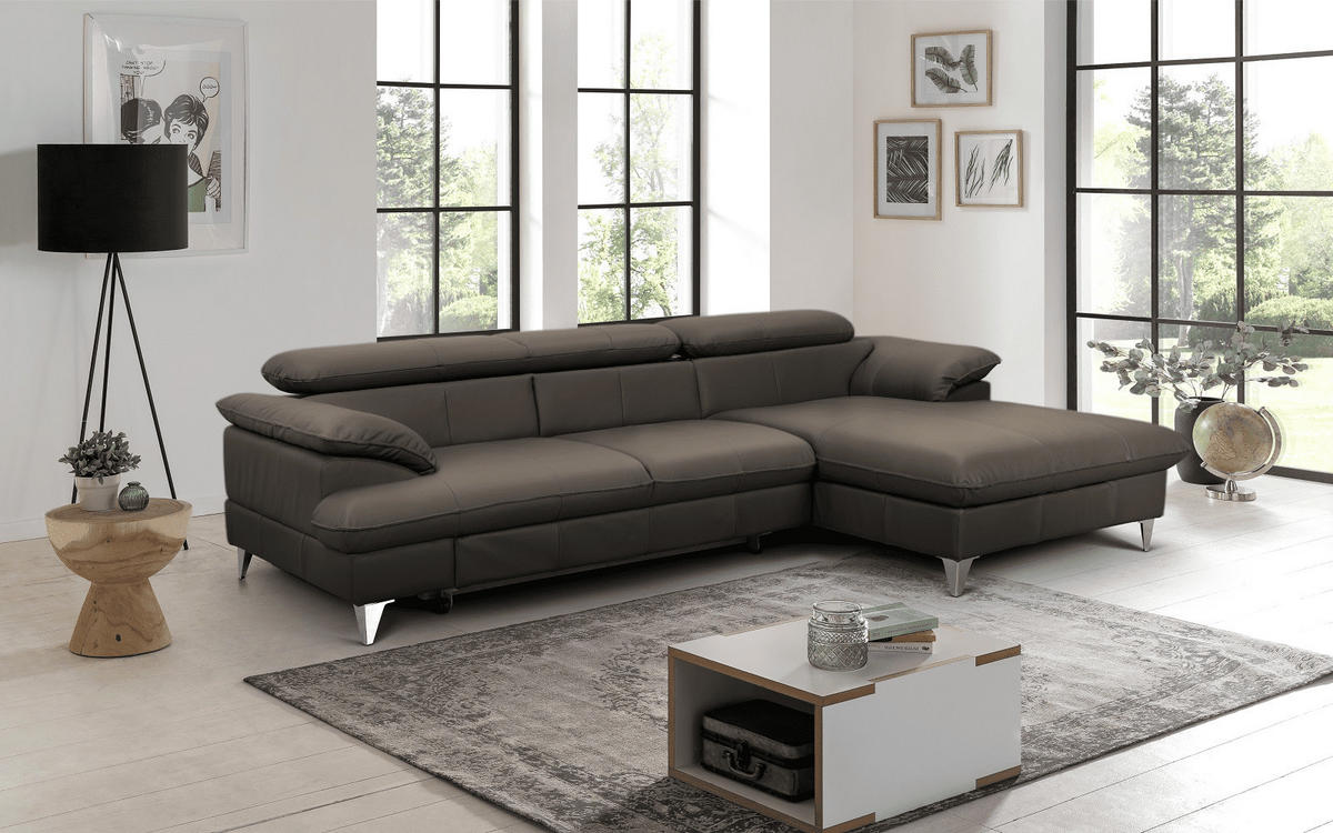 ECKSOFA mit Schlaffunktion und Bettkasten, Echtleder - Chromfarben/Dunkelgrau, Leder/Holz (167/254cm) - Cotta