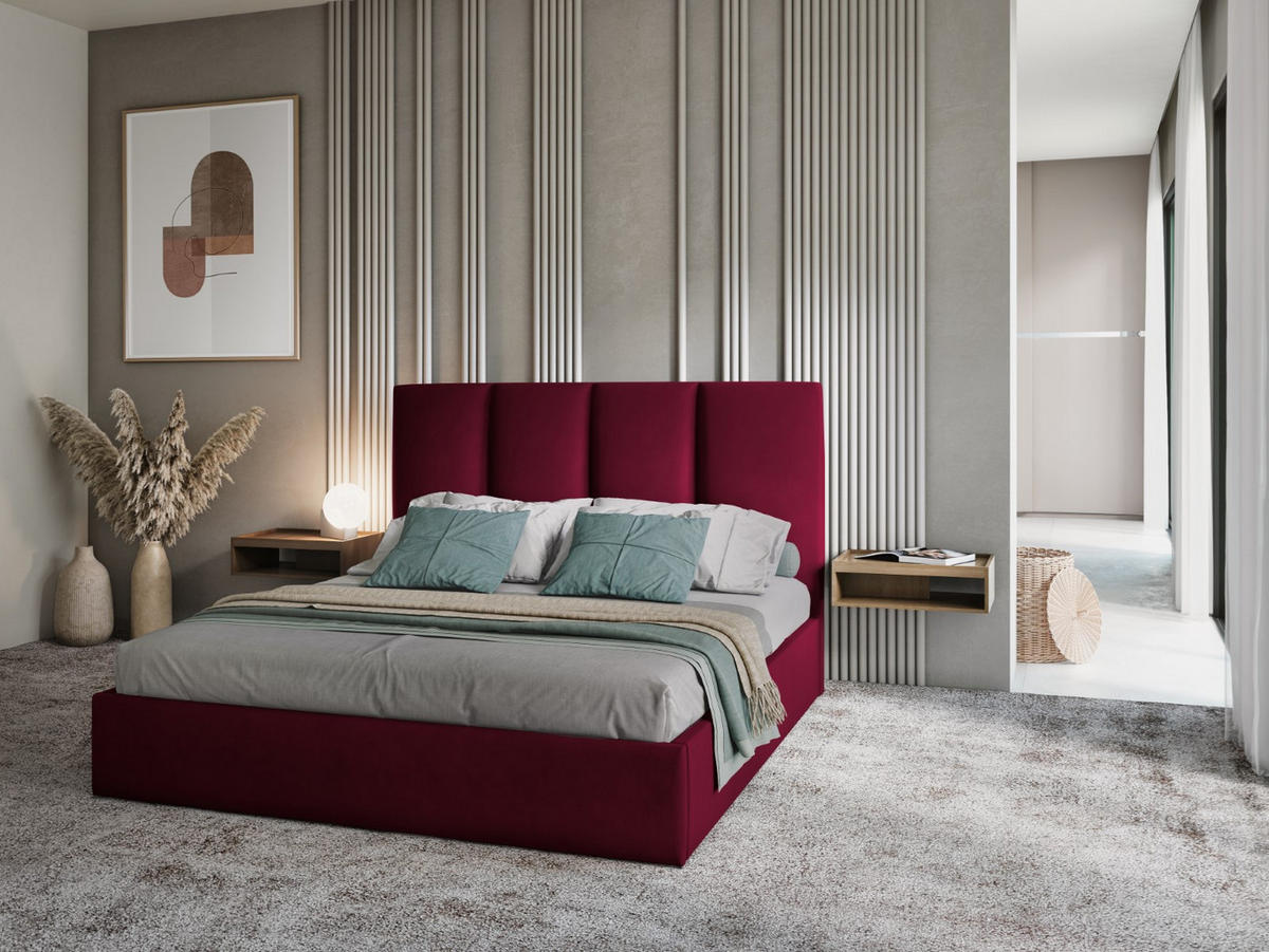 BETT mit Bettkasten und Kopfteil Pyla aus Samt dunkelrot 160x200cm - Dunkelrot, Textil (160/200cm) - Micadoni