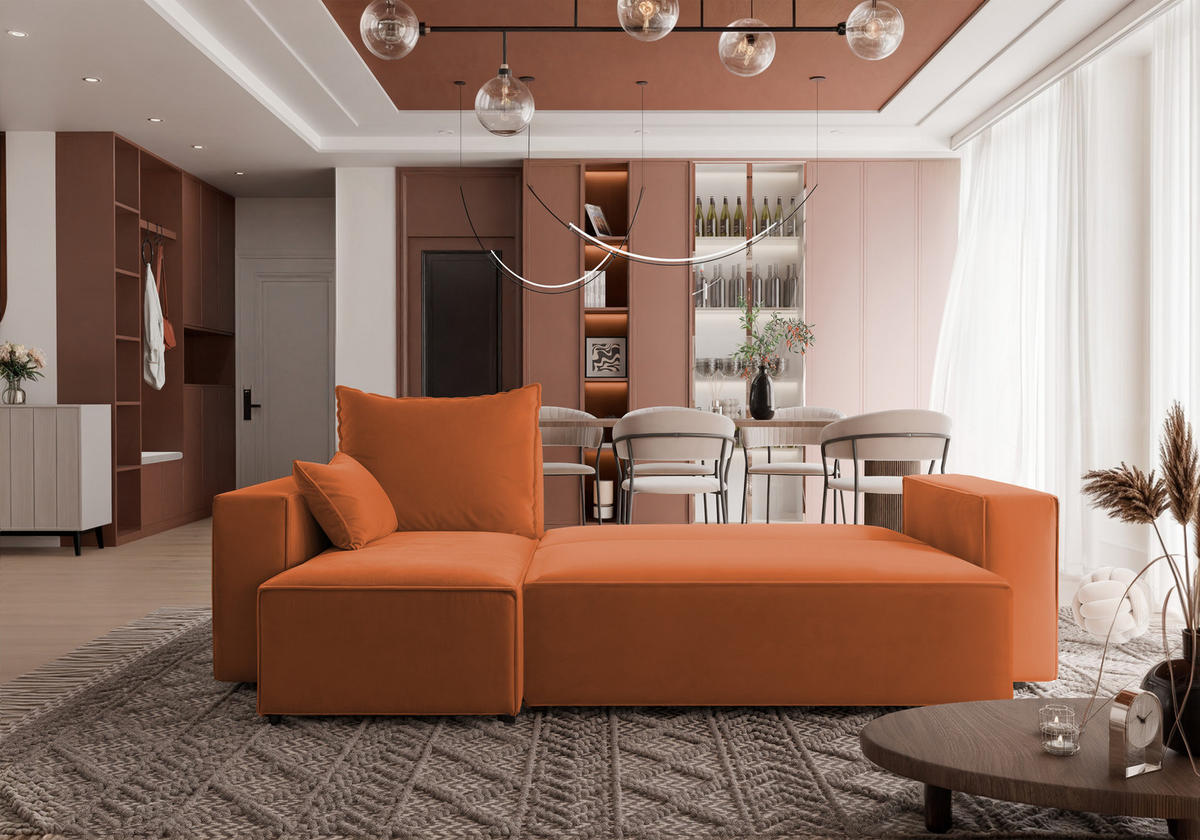 ECKSOFA Tobi mit Bettkasten und Schlaffunktion, L-Form, Velourstoff, Universal - Rostfarben, Holzwerkstoff (246/145cm) - 4ALL HOME