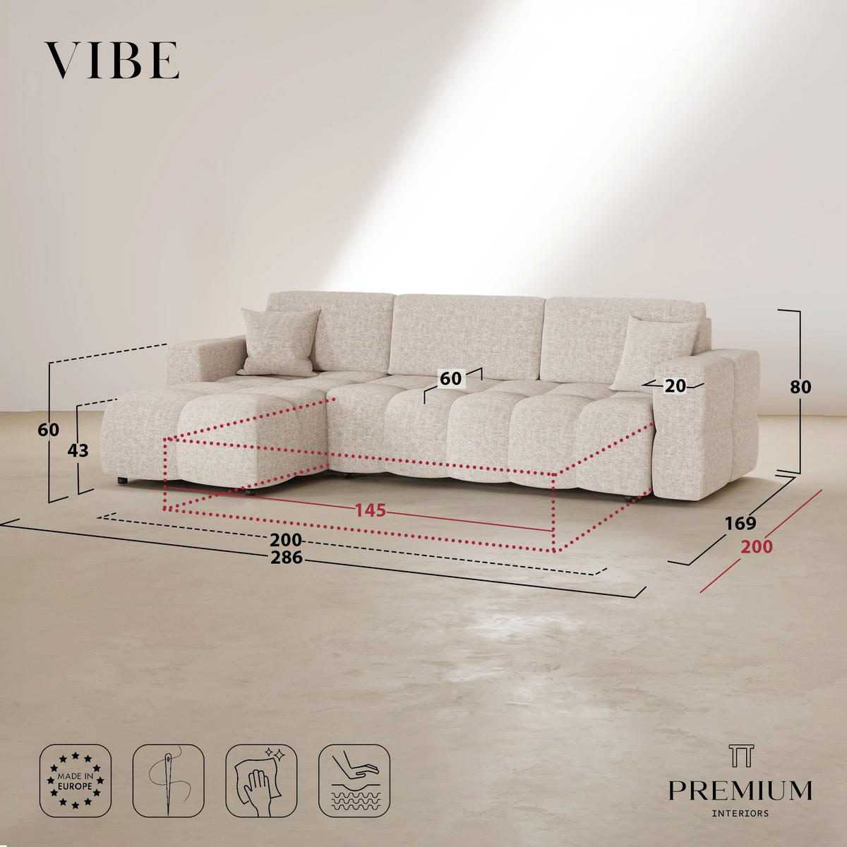 LINKSECK-SCHLAFSOFA mit Stauraum VIBE Kettgewebe mit weichem Griff Creme 286cm - Creme, Textil (286/169cm) - Premium Interiors