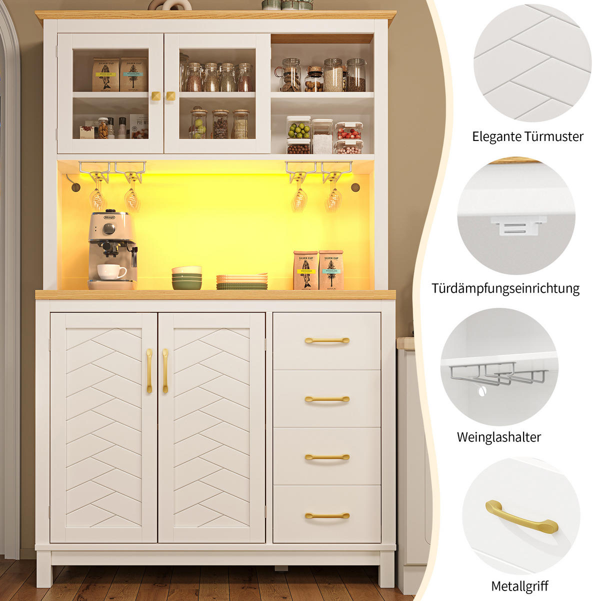 BUFFET 105,5/180/40 cm Weiß aus MDF mit LED-Lichtleiste - Weiß, Holzwerkstoff (40/180/105.5cm) - OKMYHOME