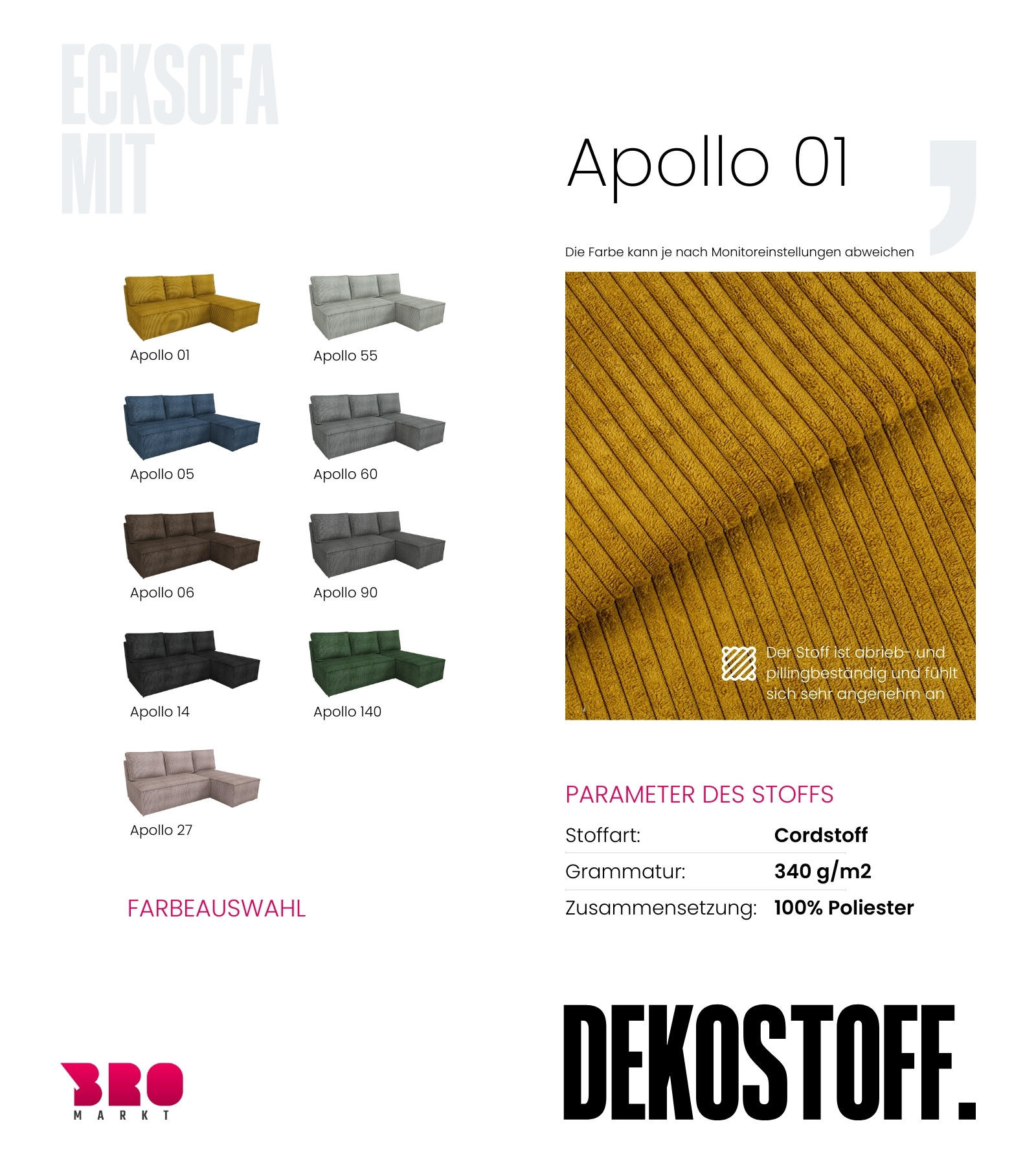 Thumbnail - Bromarkt Ecksofa, Gelb, Textil, 3-Sitzer, Ottomane rechts, seitenverkehrt montierbar, L-Form, 200x141 cm, Wohnzimmer, So...