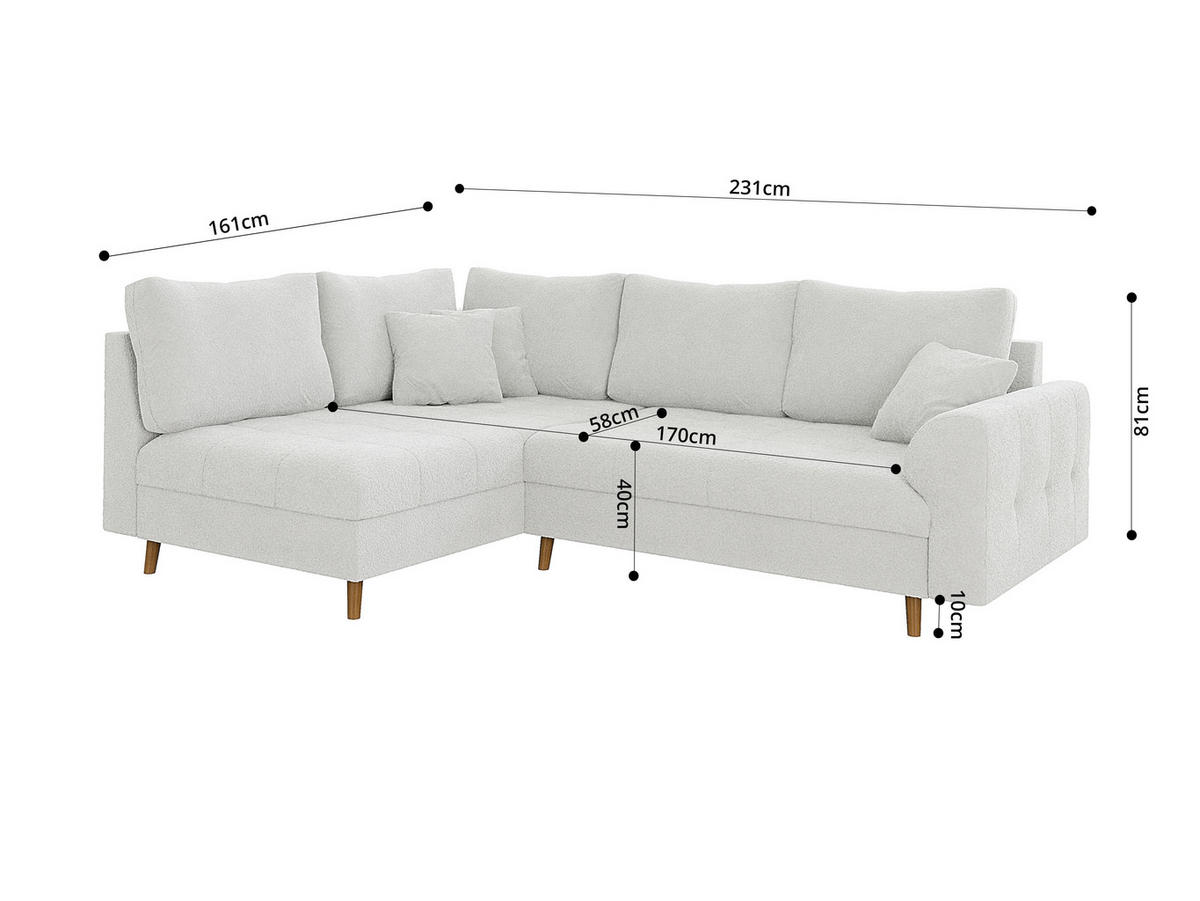ECKSOFA Henrik Weiß Boucle - Ottomane links - Weiß/Braun, Holz/Textil (231/161cm) - S-Style Möbel