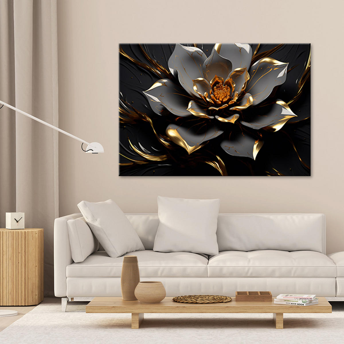 WANDBILD 3d goldene glamour blume - Schwarz, Textil (60/40cm) - Feeby
