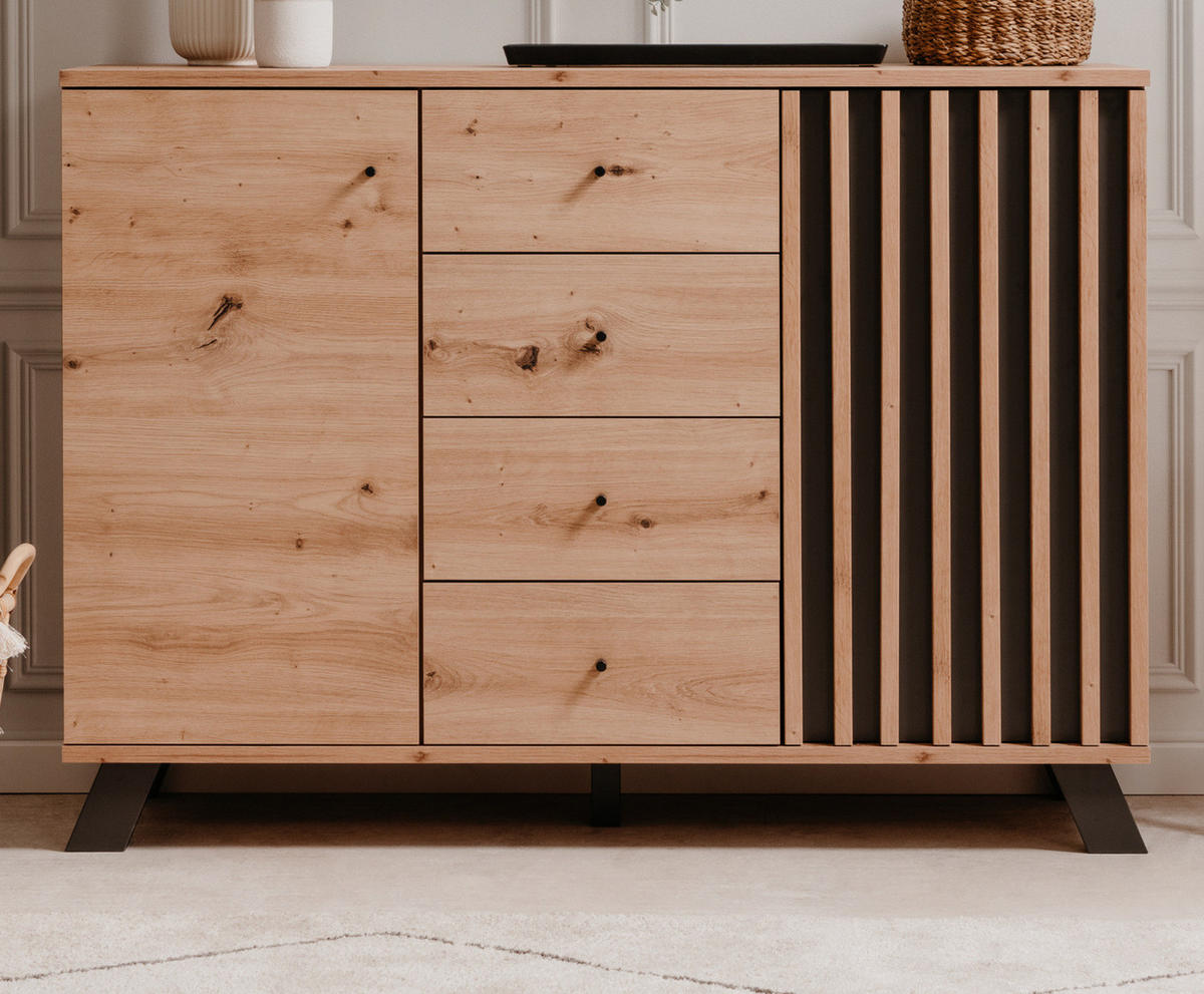 KOMMODE Eiche Artisan, grau 120 cm, Sideboard mit 3D-Lamellen - Anthrazit/Schwarz, Holzwerkstoff/Metall (120/85/38cm) - Furn.Design