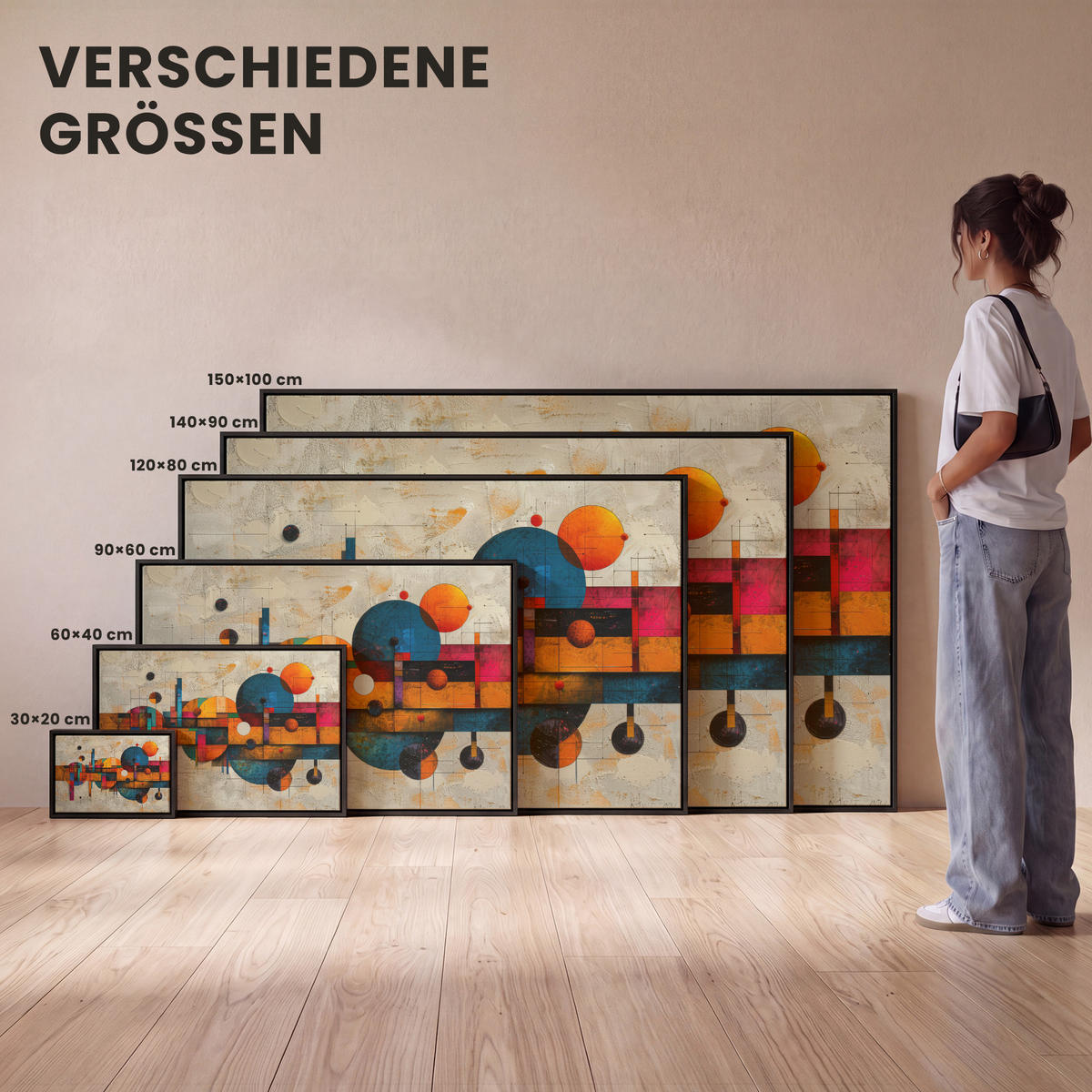 LEINWAND Bilder mit Rahmen - Vintage - Moderne Kunst - Orange - Geometrische Formen - 140x90 - Multicolor, Textil (140/90cm) - MuchoWow