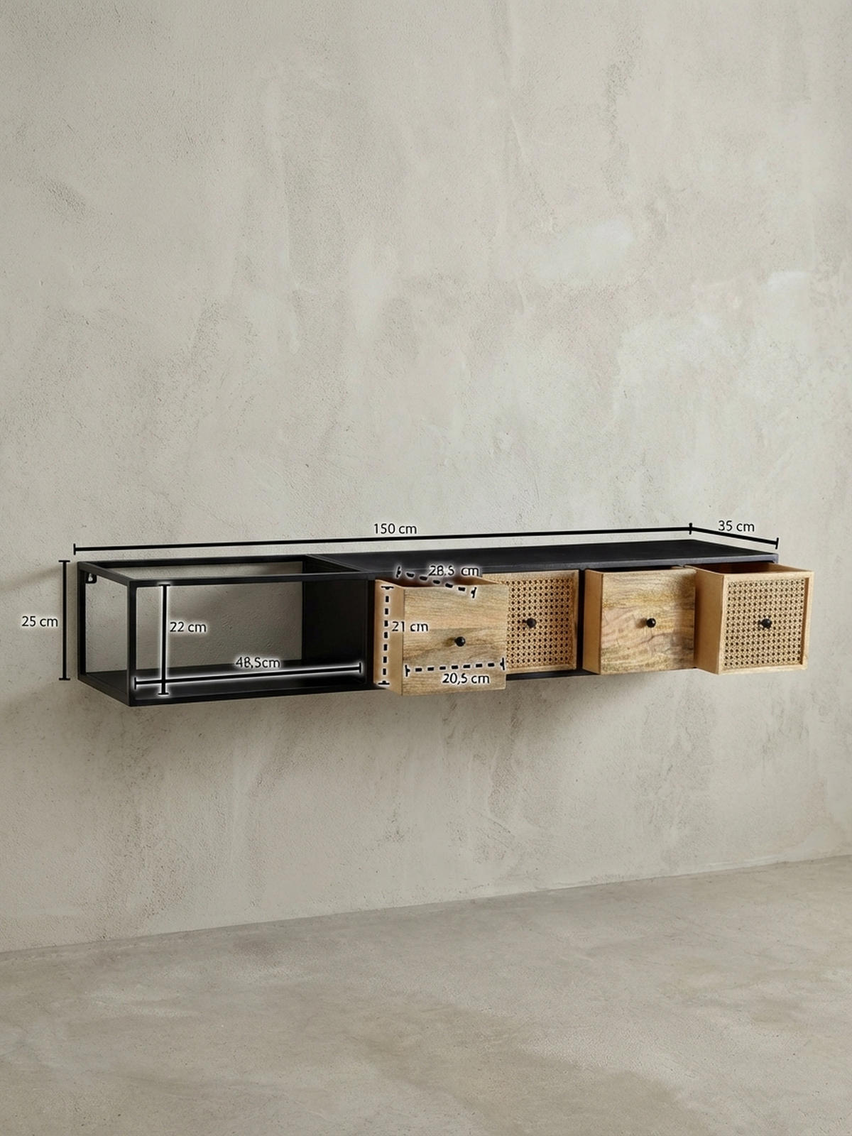 LOWBOARD Hängend Mango Massivholz Metall Modern Stil mit Schubladen und Rattan-Fronten - Schwarz, Holz/Metall (150/25/35cm) - KADIMA DESIGN