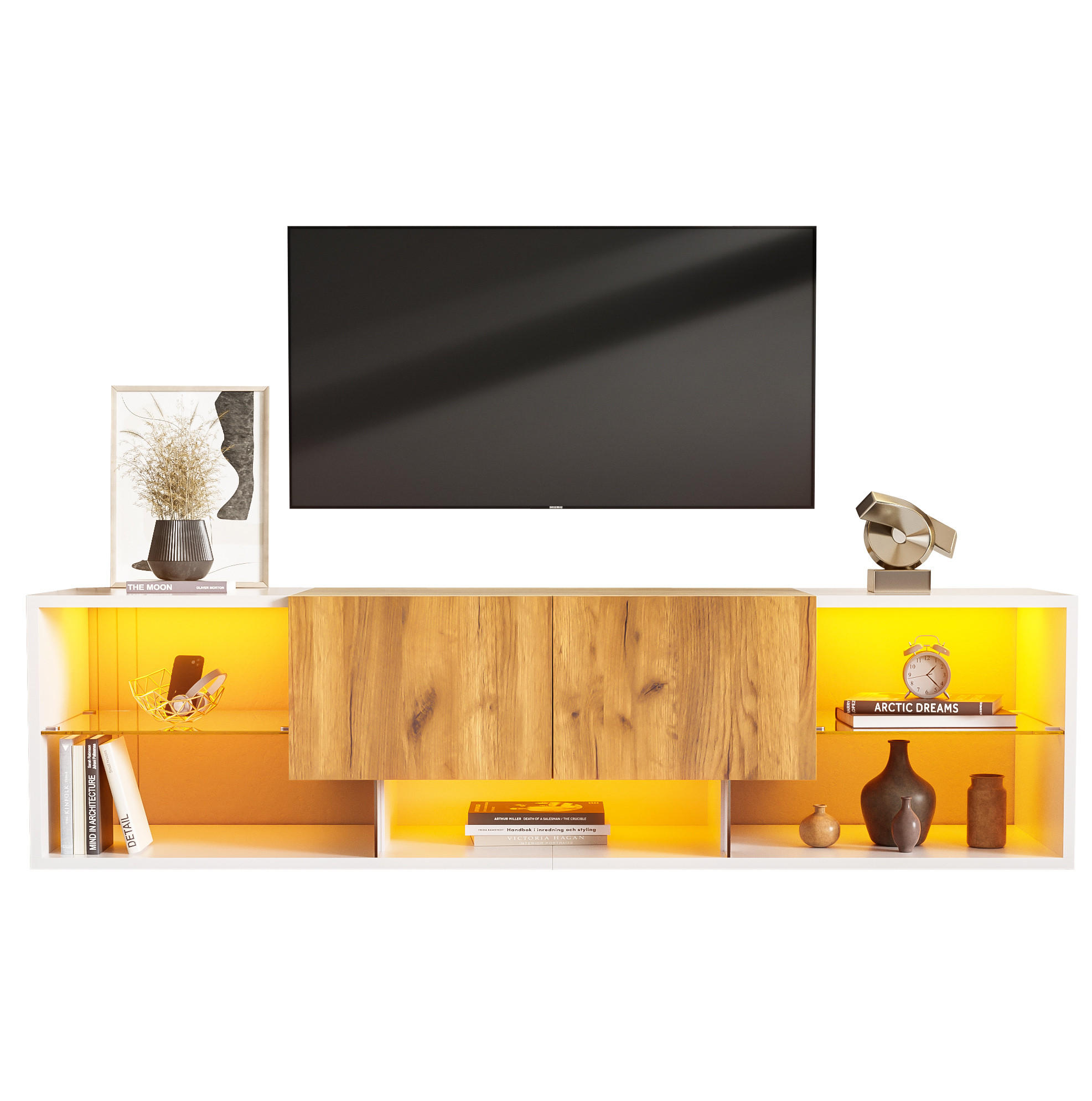 TV-LOWBOARD 160/40/42 cm antikweiß/eichefarben aus Spanplatte mit LED - Hellbraun, Holzwerkstoff (160/42/40cm) - OKWISH