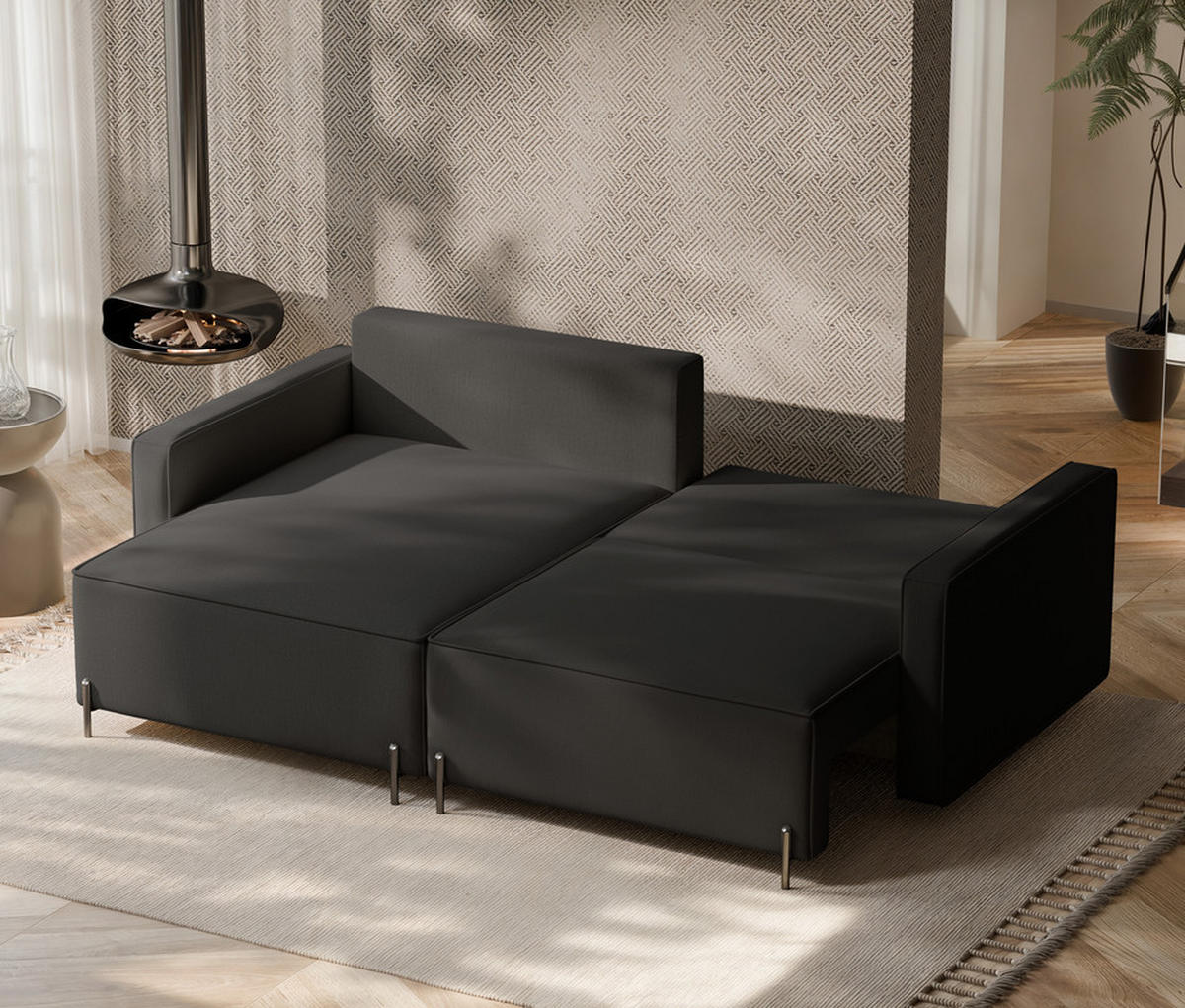 ECKSOFA LEO Links, mit Schlaffunktion und Bettkasten, Anthrazit - Anthrazit, Textil/Metall (229/148cm) - Idohome