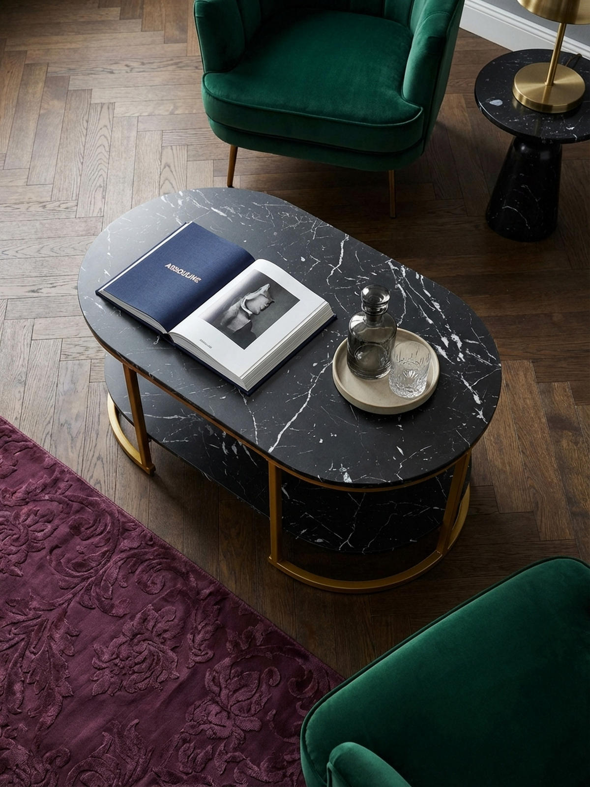 COUCHTISCH mit Marmor Optik, rechteckig, Ablage, goldenes Metallgestell, Schwarz 100x60x45 cm - Goldfarben/Schwarz, Holzwerkstoff/Metall (60/100/45cm) - KADIMA DESIGN