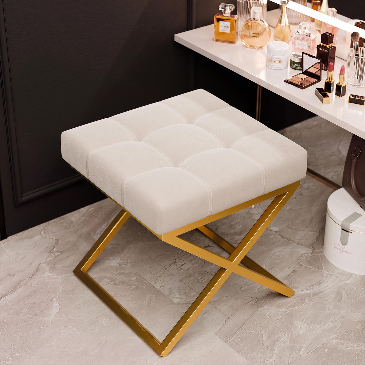 HOCKER LIND 45/45/45 cm, Goldfarben / Beige - Beige/Goldfarben, Textil/Metall (45/45/45cm) - Idohome