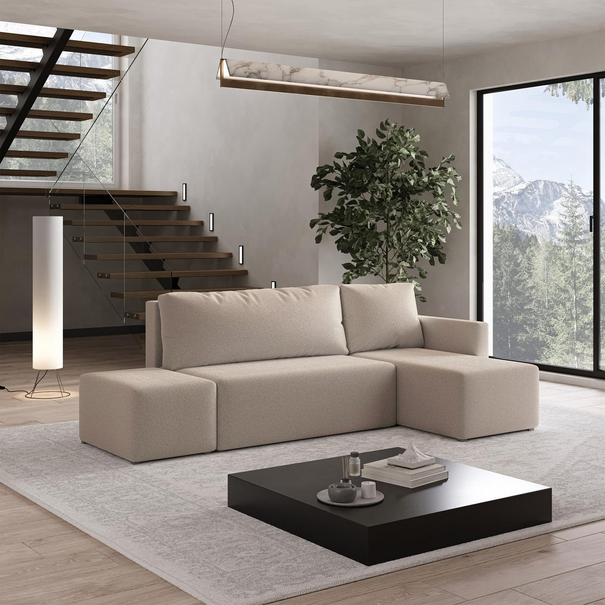 ECKSOFA VELOTTI R-S Beige Boucle-Stoff mit Schlaffunktion - Beige, Holz (261/143cm) - MASSENO