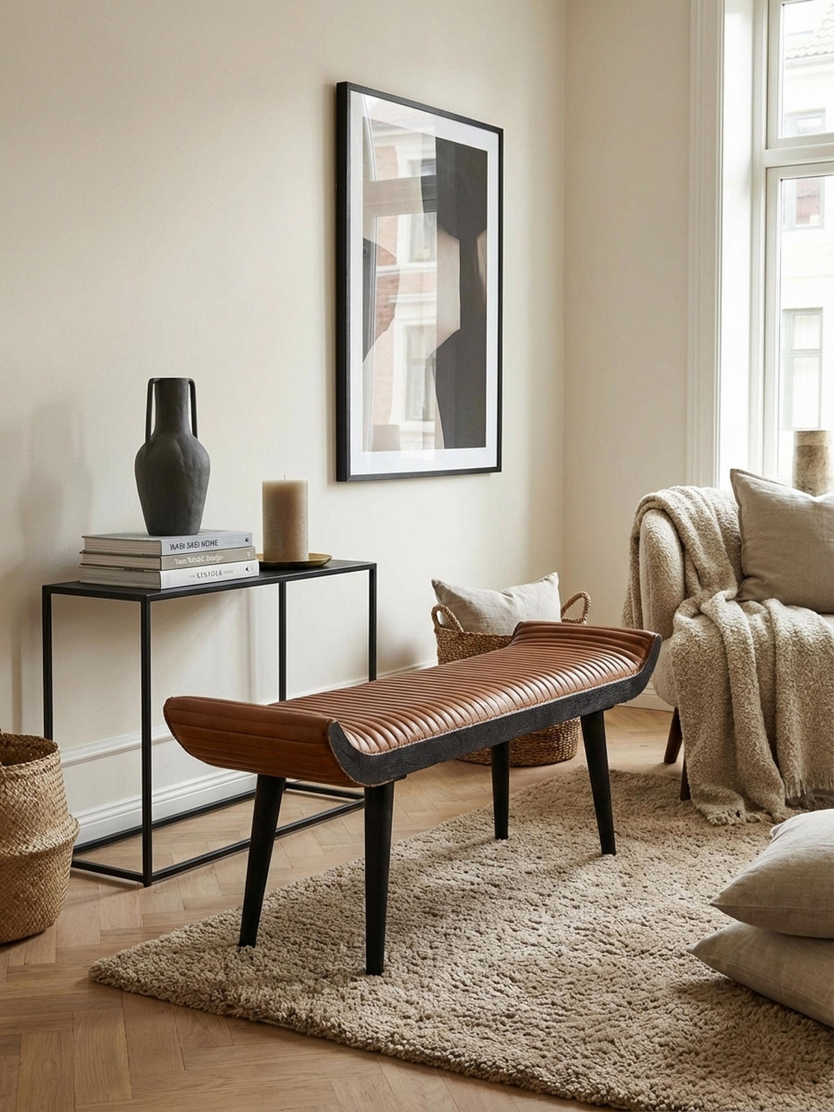SITZBANK – Echtleder, 125x51x38 cm, Nietenrand, Massivholzbeine - Schwarz/Braun, Mangoholz/Leder (125/51/38cm) - KADIMA DESIGN