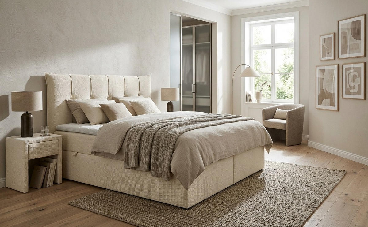 BOXSPRINGBETT PREMIUM 10, 160 x 200 cm, Bettkasten, H3, Ecru - Ecru, Textil (160/200cm) - Labett