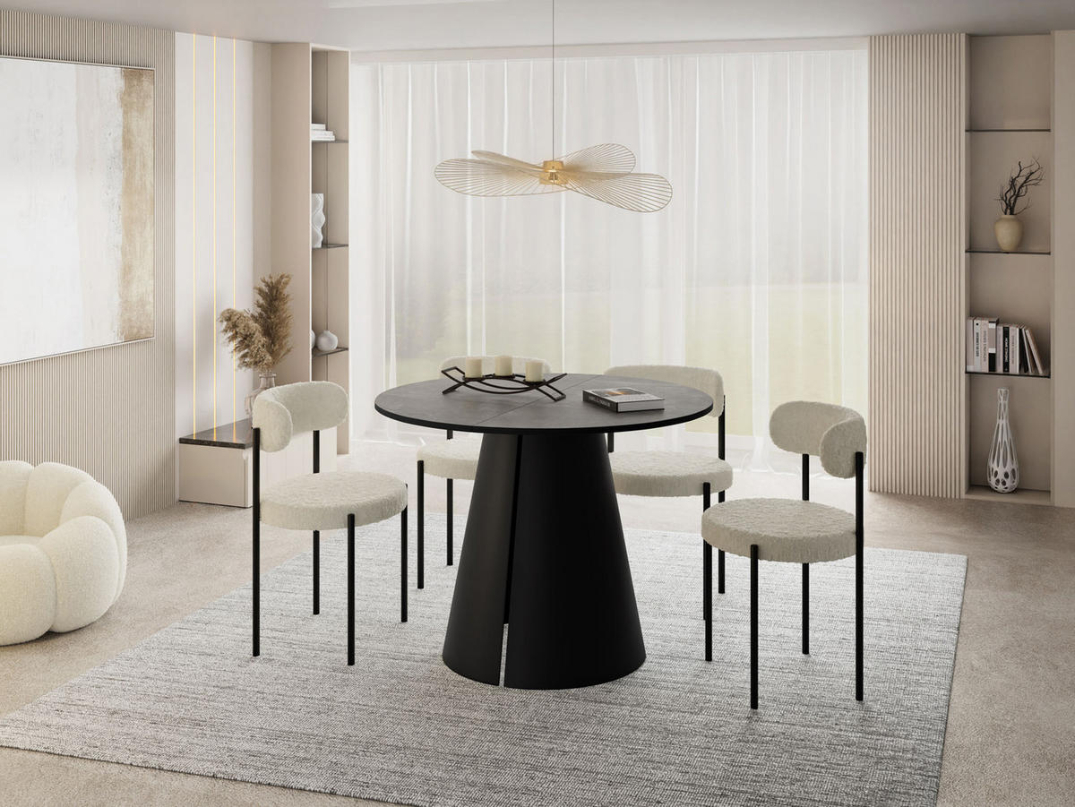 ESSTISCH Lamio runder ausziehbarer, Grauer Beton 100-180/100/76 cm - Hellgrau/Schwarz, Holzwerkstoff/Metall (100/100/76cm) - WFL GROUP