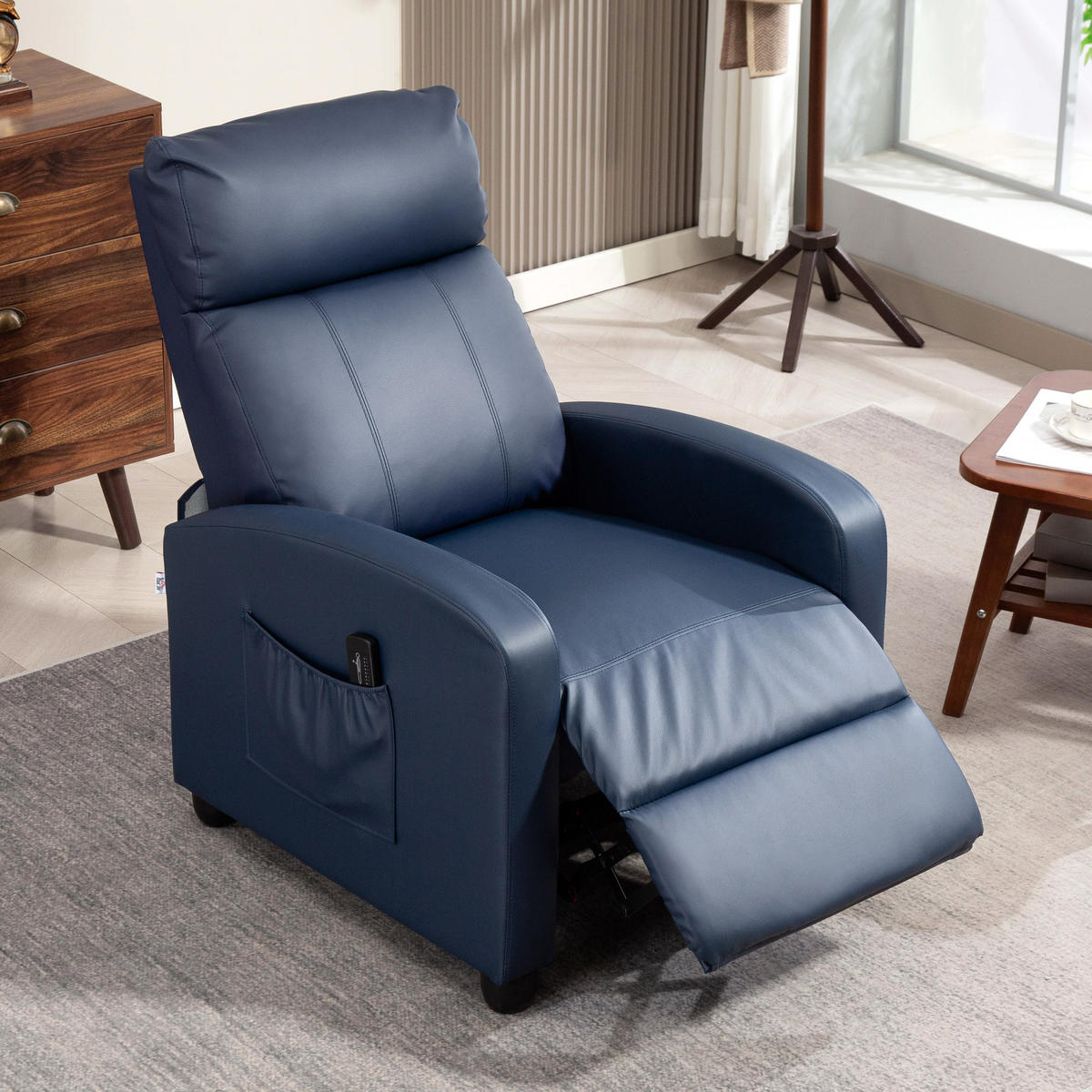 MASSAGESESSEL,PU-LEDER verstellbar Fernbedienung Fußstütze,dunkelblau - Blau, Leder (68/98/88cm) - Vallsero