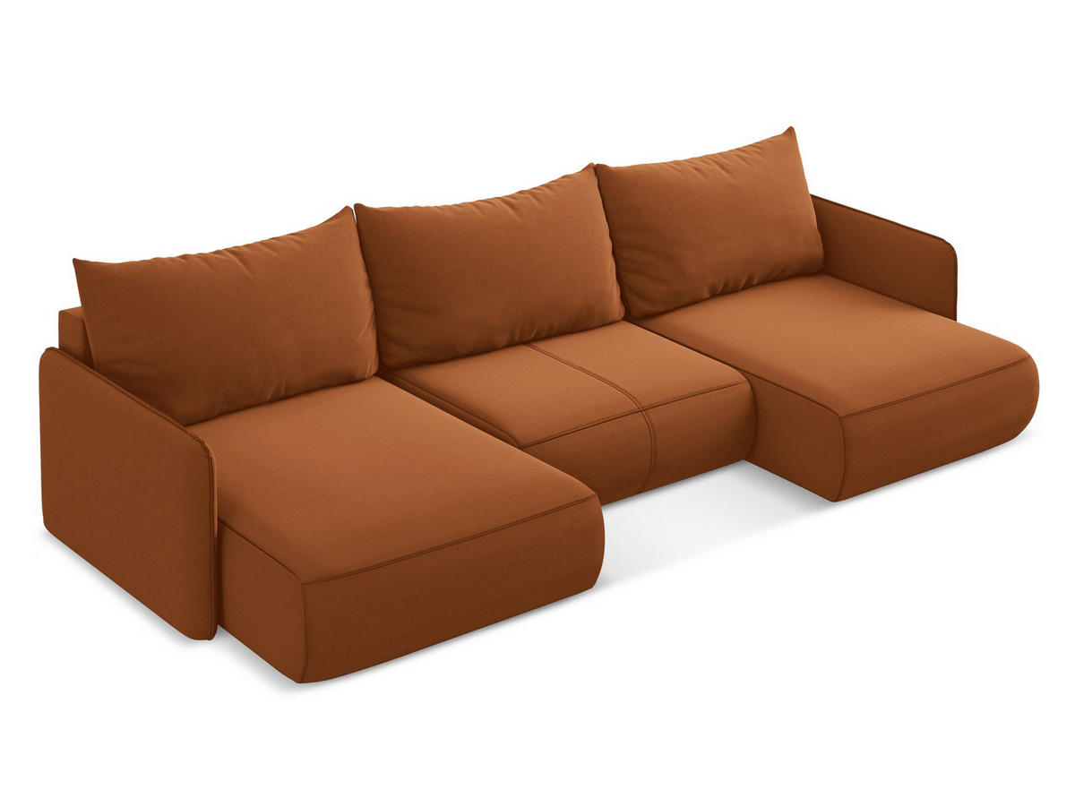 WOHNLANDSCHAFT Samt Stoff Orange - Terra cotta/Schwarz, Kunststoff/Textil (290/86/148cm) - Makamii