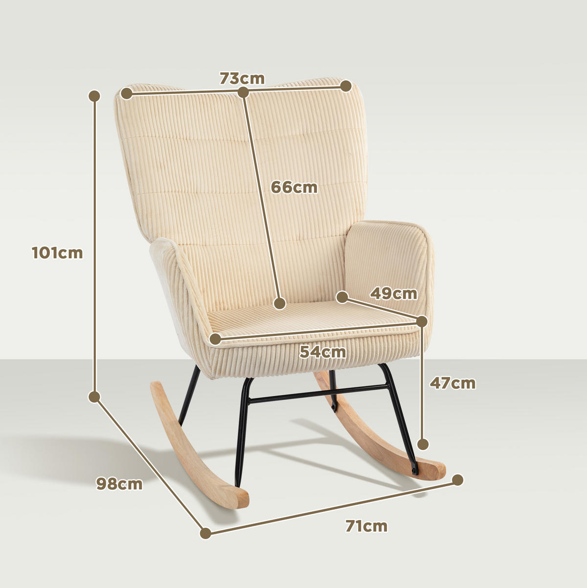 SCHAUKELSTUHL 71/98/101 cm mit hoher Rückenlehne und Kordbezug in Beige - Beige, Holz (98/101/71cm) - BEAOK
