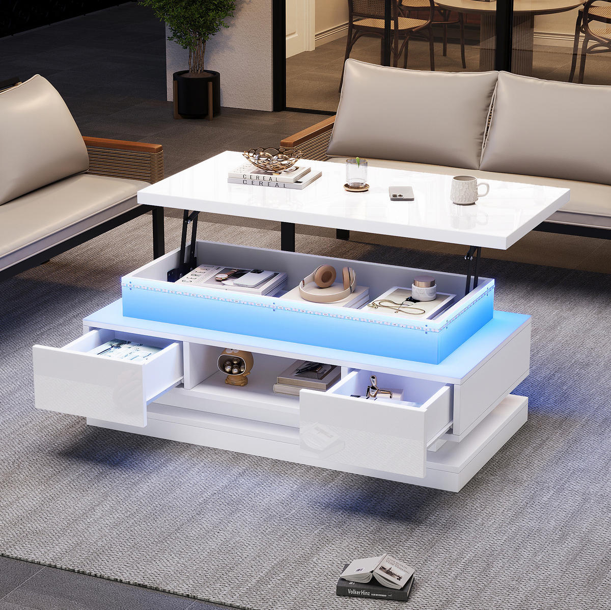 KLUB stolić 100/50/40 cm bijeli od iverala s LED rasvjetom i podiznom pločom - bijela, drvni materijal (100/50/40cm) - OKWISH