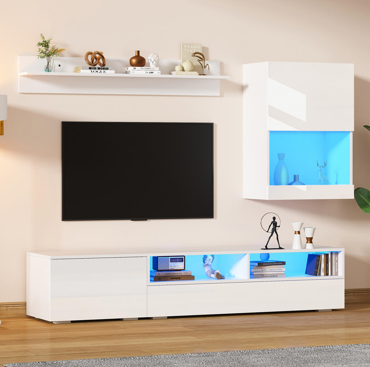 TV-WOHNWAND-SET 175/39/34 cm aus Spanplatte mit LED-Beleuchtung und Hochglanzfronten Weiß - Weiß, Holzwerkstoff (175/34/39cm) - Modenvie