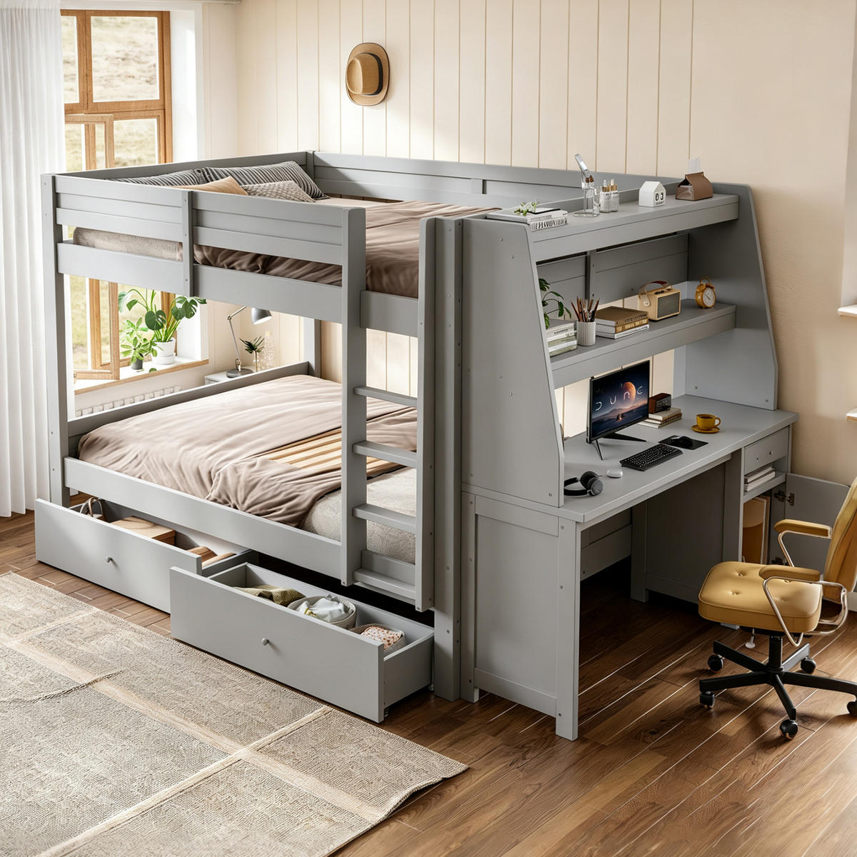 ETAGENBETT 140/200 cm mit Schrank und Schreibtisch, DE-41578, in Grau - Grau, Holzwerkstoff (140/200cm) - ComfortXL