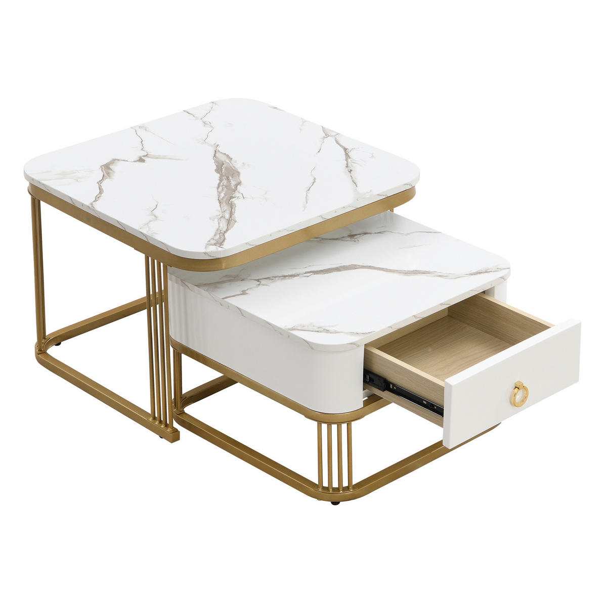 KONFERENČNÍ stolek 60/60/45 cm bílý a zlatý z MDF s mramorovým dekorem a zásuvkou - bílá/zlatá, kompozitní dřevo (60/60/45cm) - OKWISH