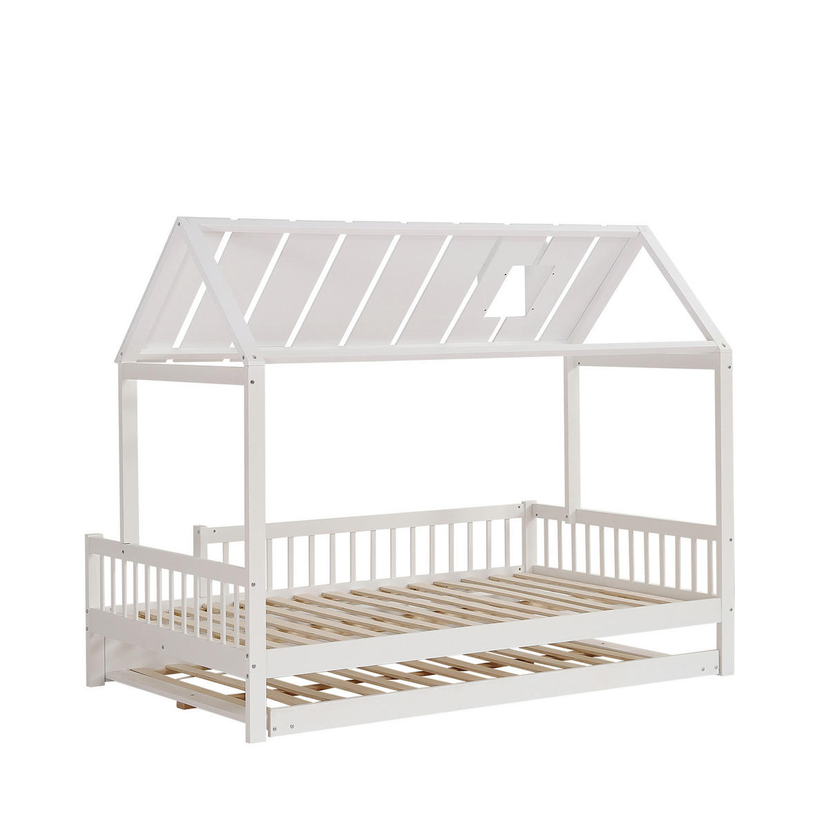 KINDERBETT 120/200 cm mit Rollbett, Dach und 3-seitigem Gitter, Weiß - Weiß, Holzwerkstoff (120/200cm) - Redom