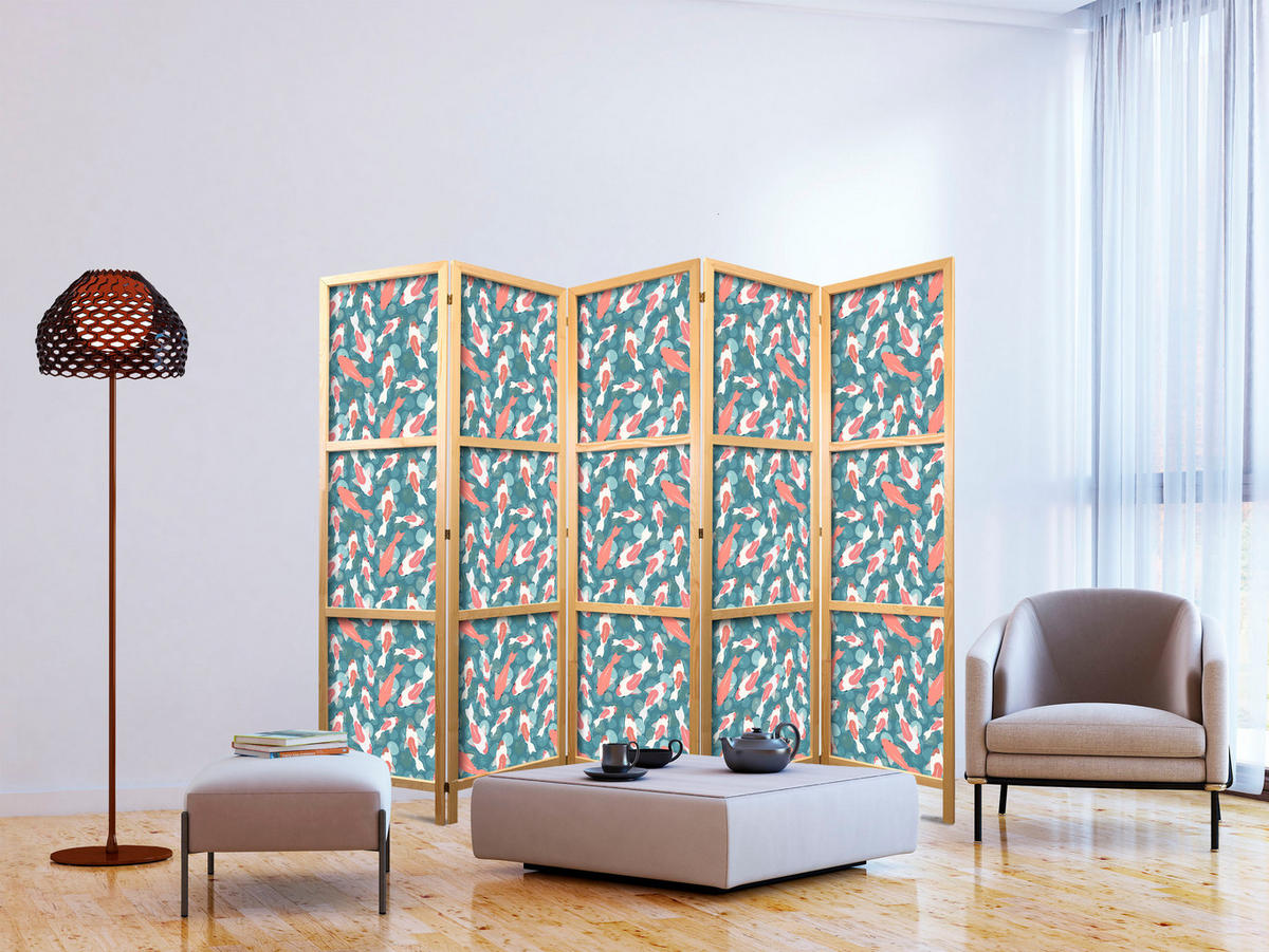 PARAVENT Japanischer 5-tlg 225x172 cm Bunte Fische - Multicolor, Holz/Textil (225/172/3cm) - Muralo
