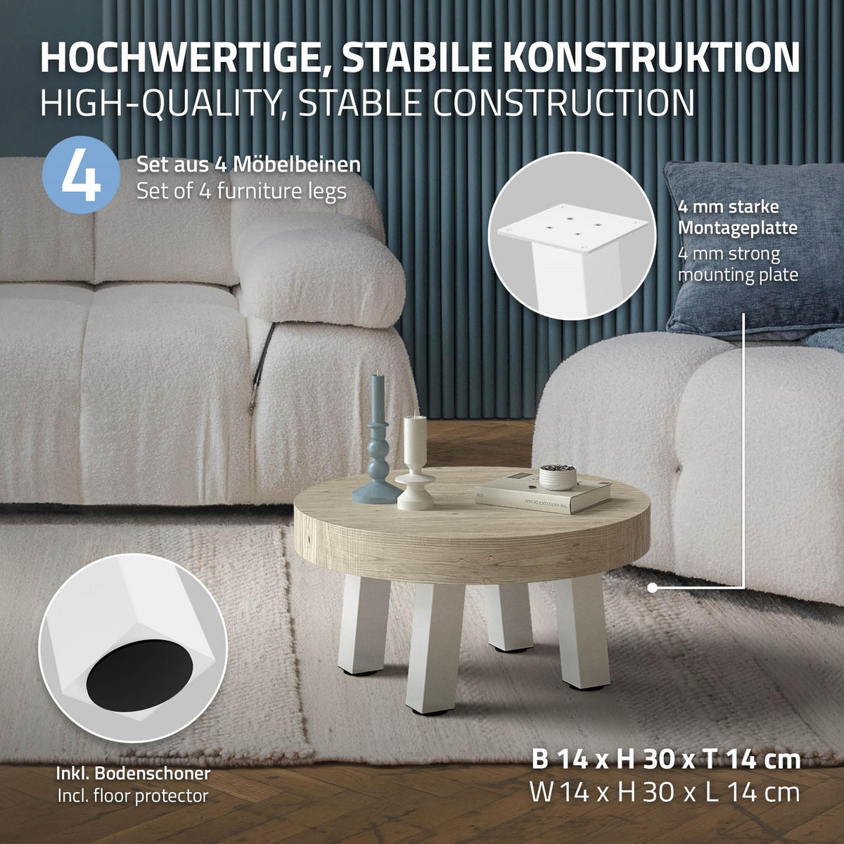 TISCHBEINE 4er Set I-96GRAD-Design H:30 cm Weiß 8x8 cm - Weiß, Metall (8/30/8cm) - ML-DESIGN