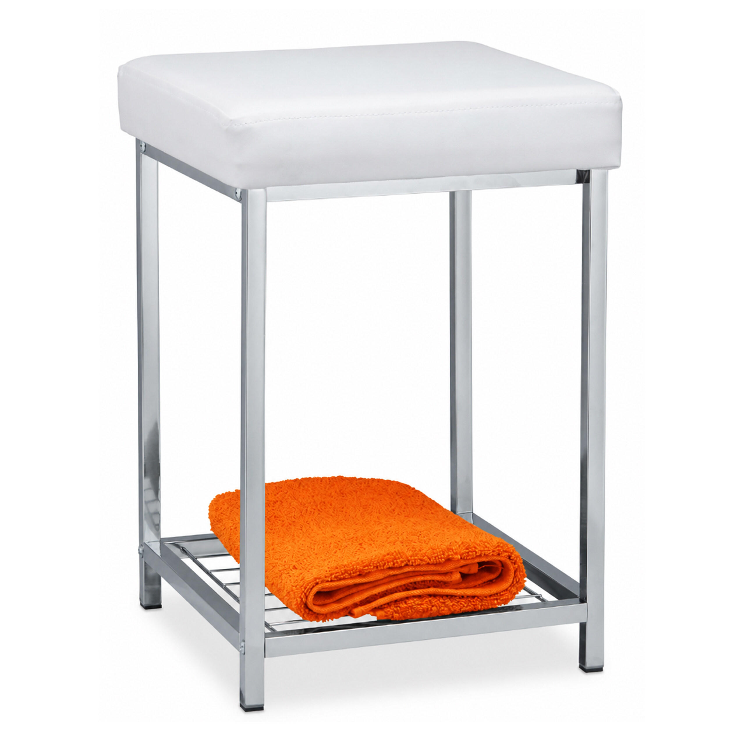 TABURET Biela chróm umelá koža čalúnený s odkladacou policou - viacfarebná, kov/plast (33/47/33cm) - Relaxdays