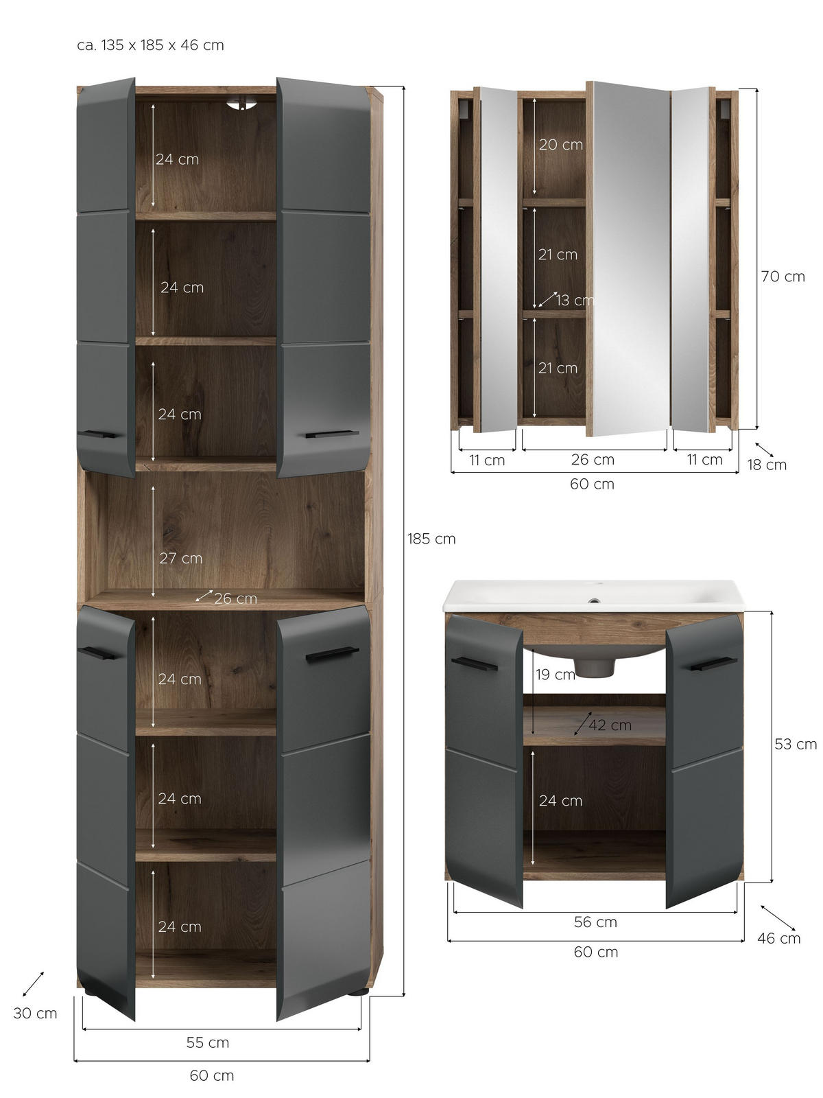 BADEZIMMER Alba 4-tlg. (B/H/T: ca. 135/185/46 cm) in Nox Oak /schwarz matt - Eichefarben, Holz (135/185/46cm)