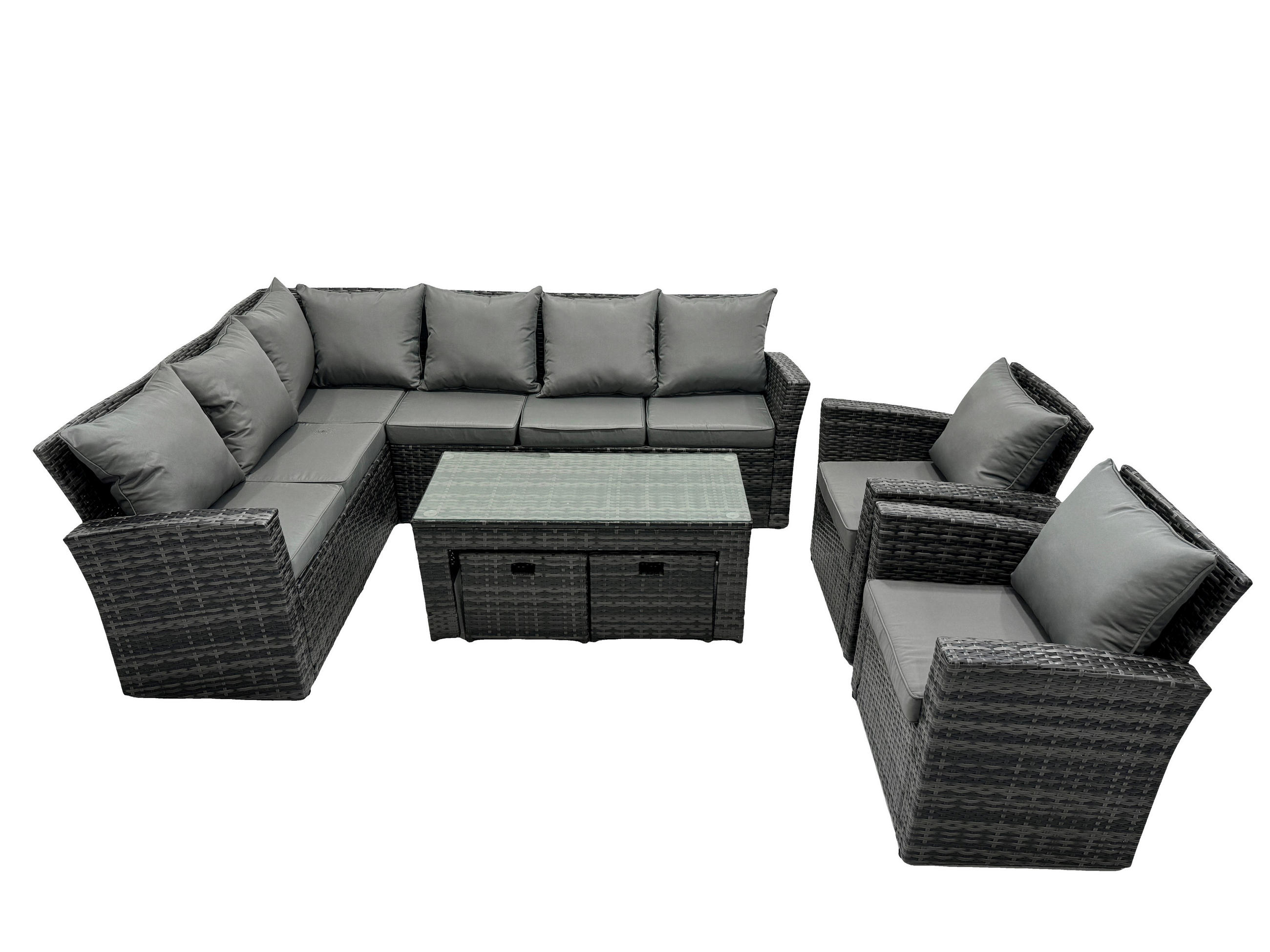 BALKONMÖBEL-SETS mit Ecksofa,Länglicher Couchtisch,Hocker Polyrattan Dunkelgrau 10-Sitzer - Dunkelgrau/Grau, Glas/Kunststoff - Fimous