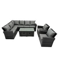 BALKONMÖBEL-SETS mit Ecksofa,Länglicher Couchtisch,Hocker Polyrattan Dunkelgrau 10-Sitzer - Dunkelgrau/Grau, Glas/Kunststoff - Fimous