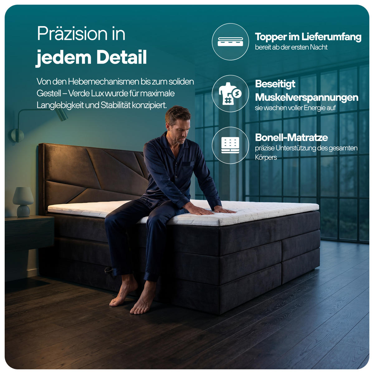 BOXSPRINGBETT VERDE LUX 200x200 cm, Bonell und Taschenmatratze, Topper 5 cm und Stauraum, Samtstoff, Schwarz - Schwarz, Holz/Kunststoff (200/200cm) - Trada