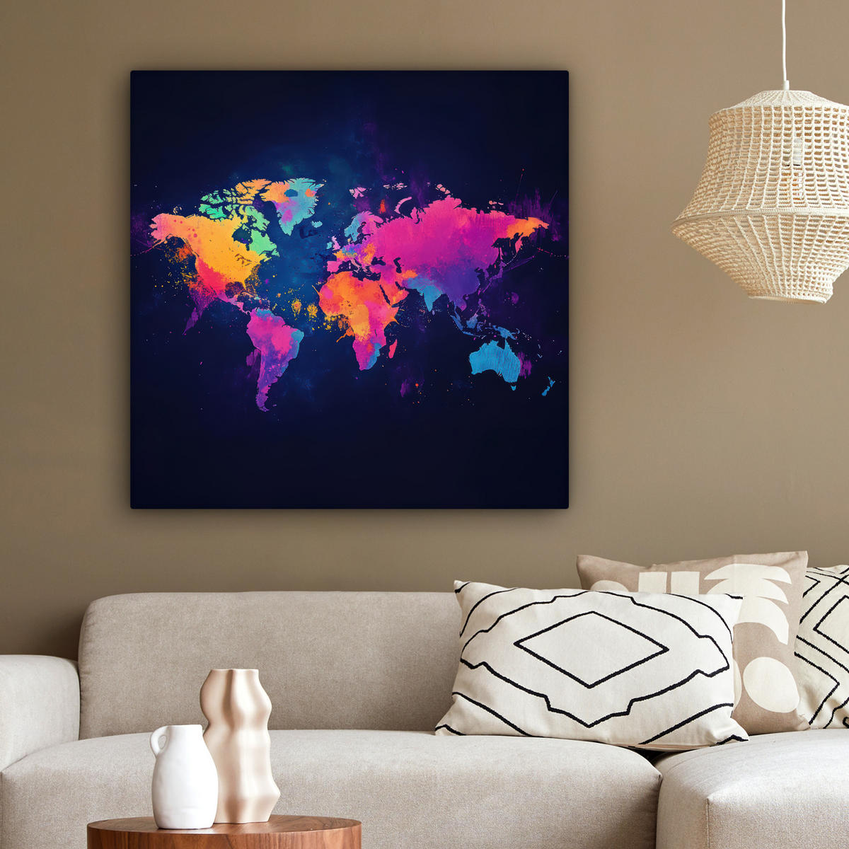 LEINWANDBILD Weltkarte - Bunt - Graffiti 90x90 cm - Multicolor, Textil (90/90cm) - MuchoWow