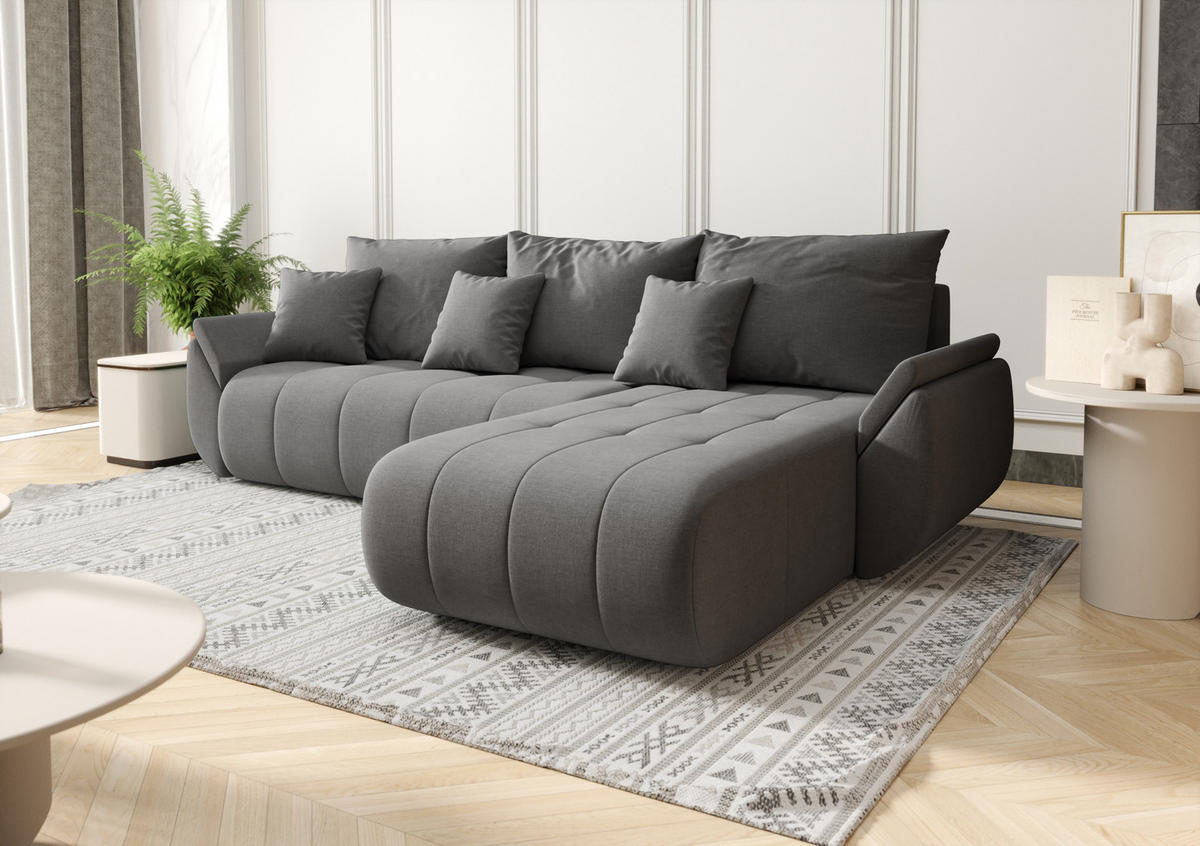 ECKSOFA Mit Schlaffunktion Und Bettkasten TOKYO, Stoff WIND, Stahl, Rechts - Grau, Holz (280/190cm) - Kaiser Möbel