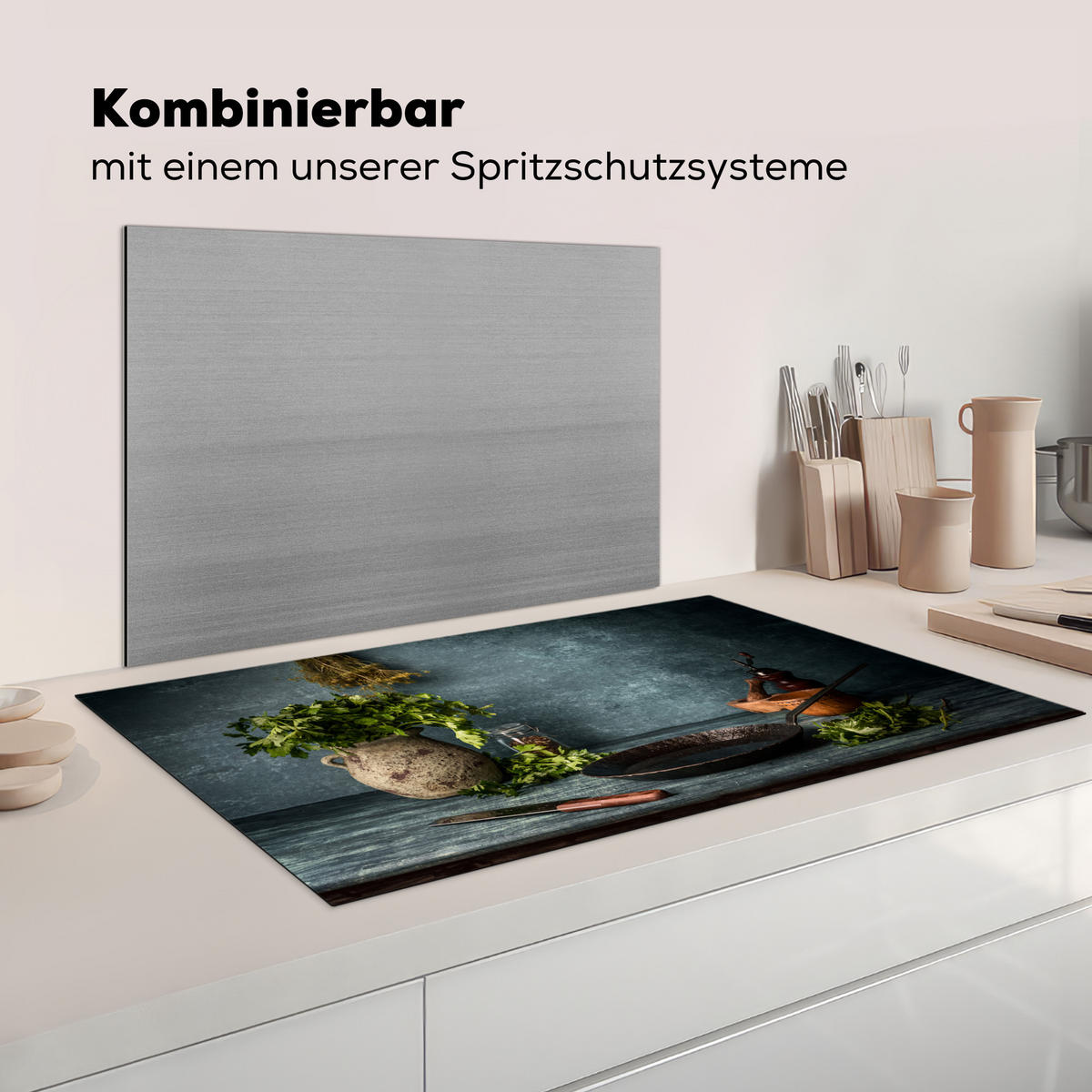 HERDABDECKPLATTE Kräuter - Gewürze - Pfanne - Messer - Grau - Rustikal Induktionsschutz 91.6x52.7 cm - Petrol, Kunststoff (91.6/52.7/0.2cm) - MuchoWow