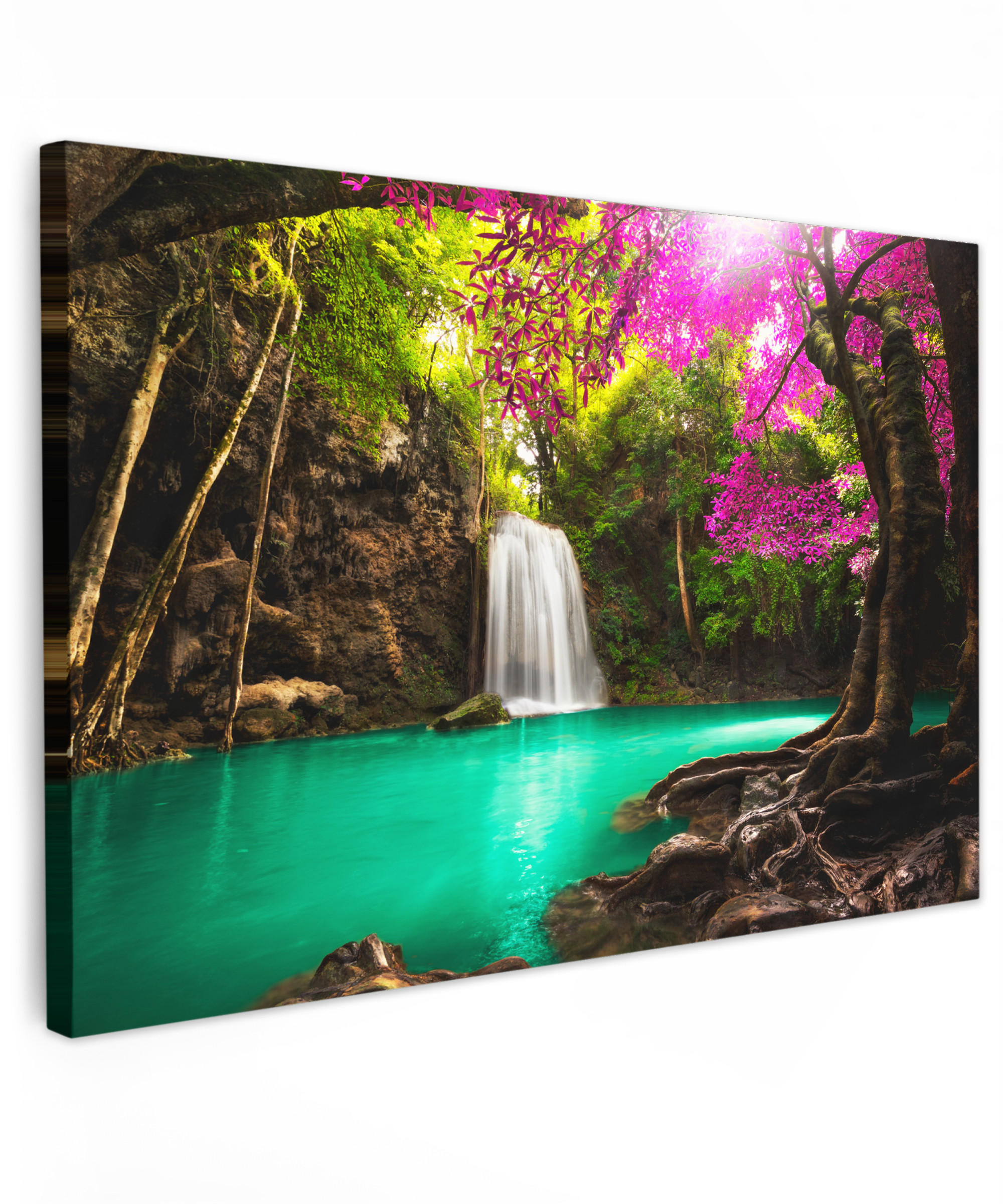 LEINWANDBILD Wasserfall mit bunten Blumen und Bäumen - Natur - Dschungel XXL 150x100 cm - Waldgrün, Textil (150/100cm) - MuchoWow