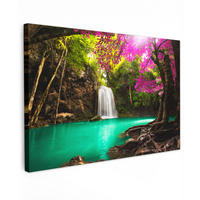 LEINWANDBILD Wasserfall mit bunten Blumen und Bäumen - Natur - Dschungel XXL 150x100 cm - Waldgrün, Textil (150/100cm) - MuchoWow