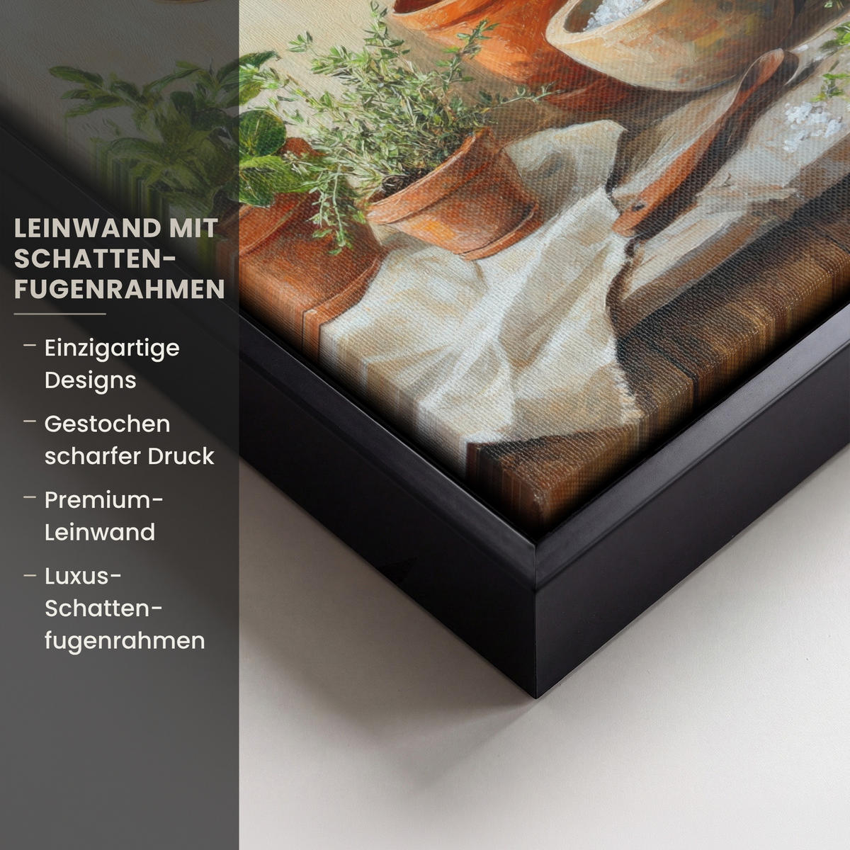 LEINWAND Bilder mit Rahmen - Töpfe - Kräuter - Holz - 20x20 - Terracotta, Textil (20/20cm) - MuchoWow