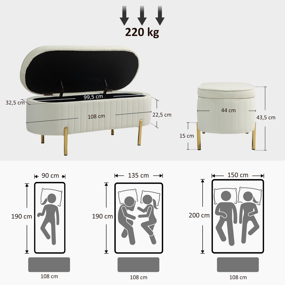 SITZBANK Polyester Metall Cremeweiß - Goldfarben/Creme, Textil/Metall (44/43.5/108cm) - HOMCOM
