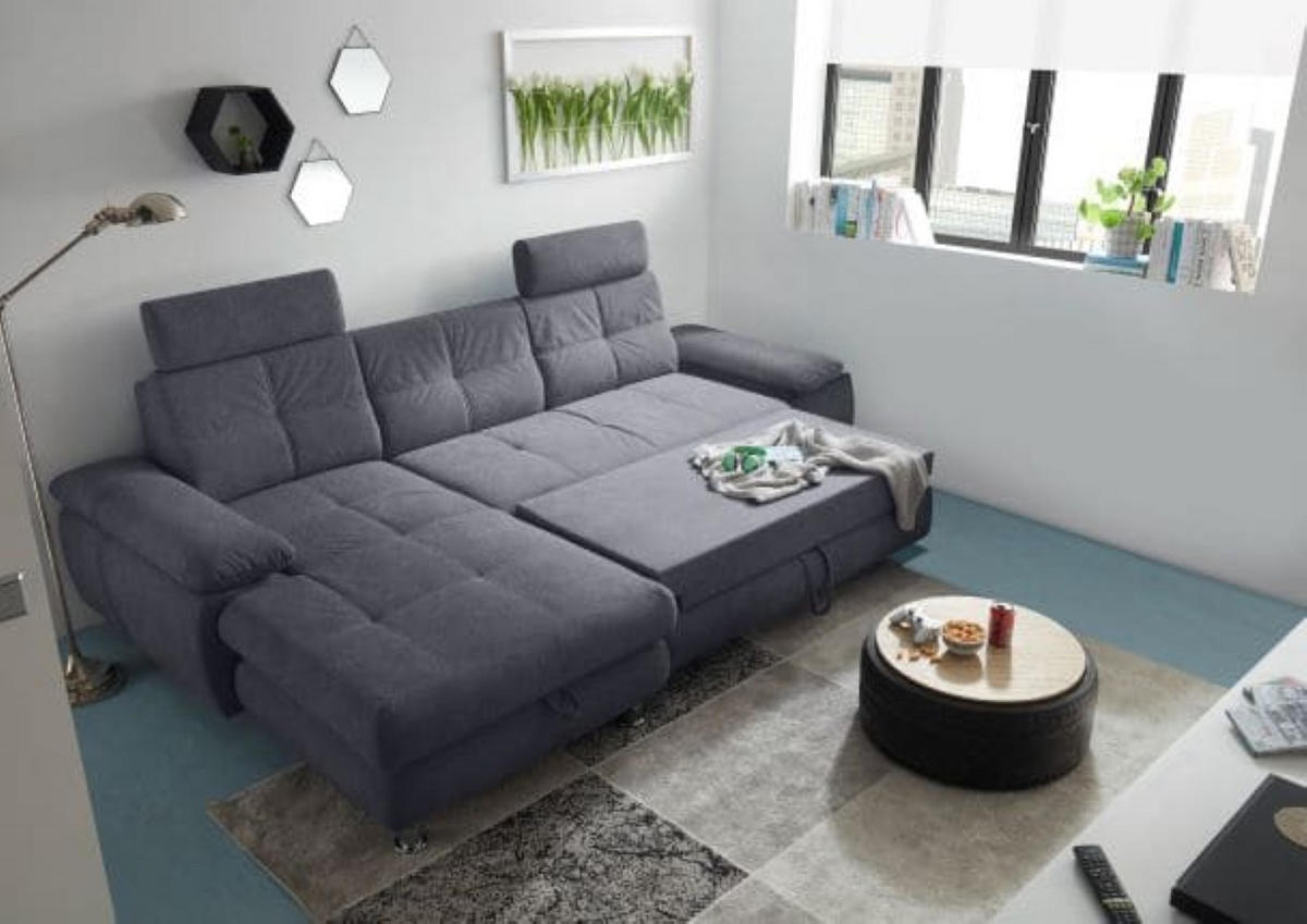 ECKSOFA mit Schlaffunktion und Bettkasten, Brego-Stoff - Chromfarben/Anthrazit, Textil/Metall (274/177cm) - ed exciting design
