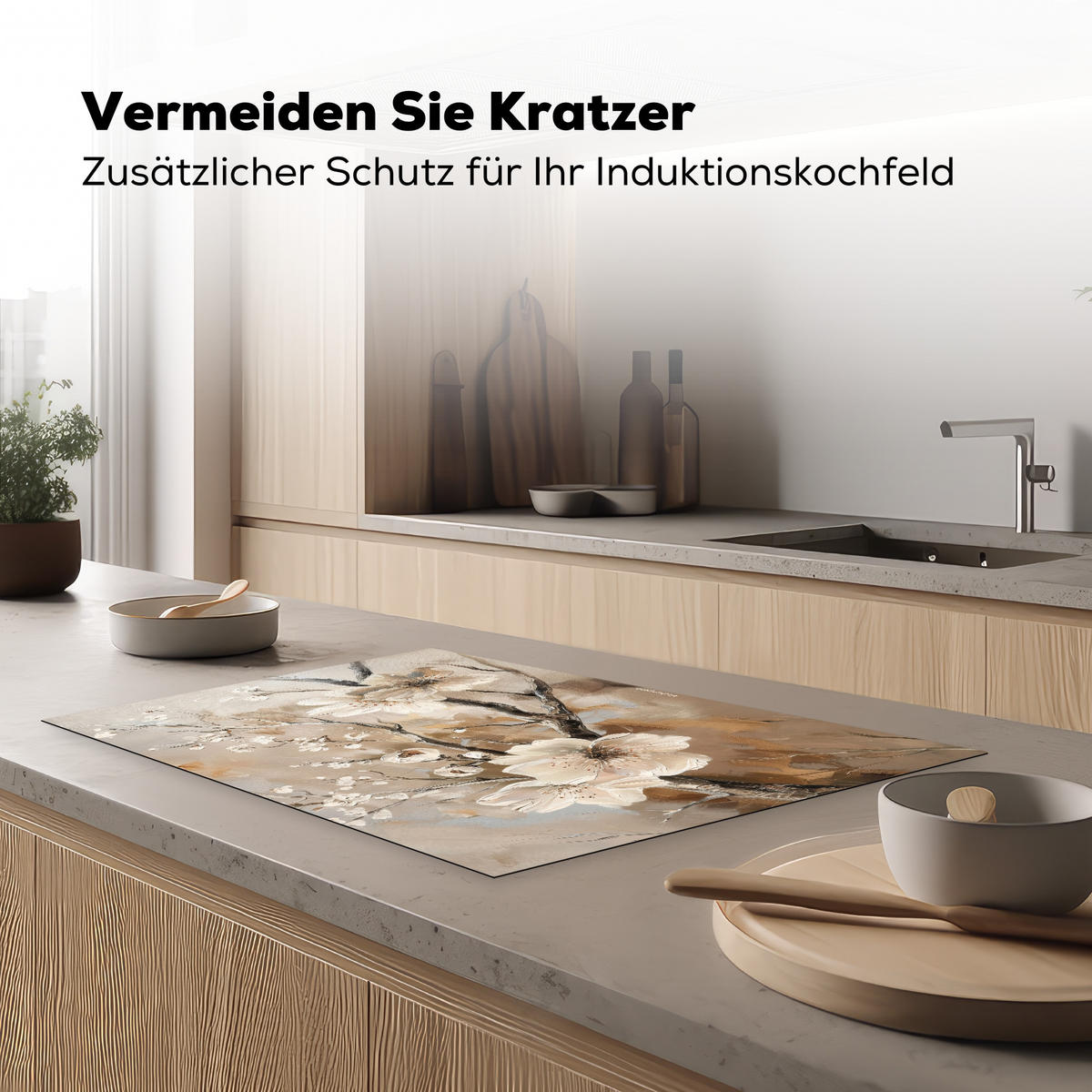 HERDABDECKPLATTE Blumen - Abstrakt - Gemalt - Beige 80x52 cm - Beige, Kunststoff (80/52/0.2cm) - MuchoWow