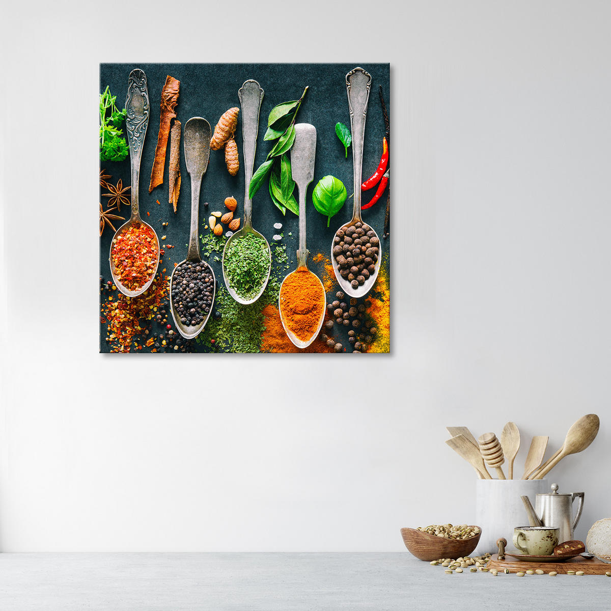 WANDBILD kräuter gewürze für die küche - Multicolor, Textil (50/50cm) - Feeby