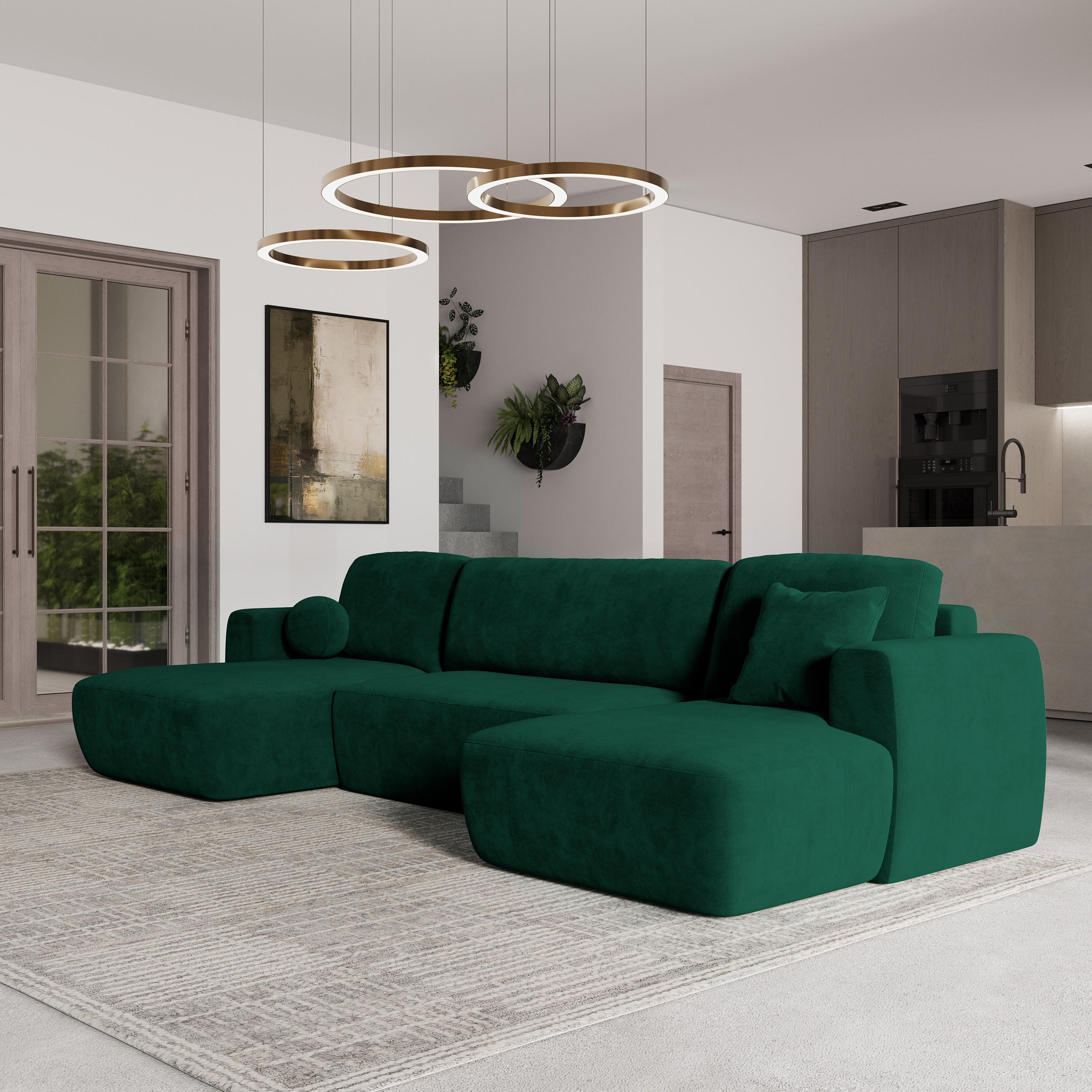 WOHNLANDSCHAFT SENTUM K Grün Plüsch-Stoff mit Schlaffunktion - Grün, Holz (330/90/148cm) - MASSENO