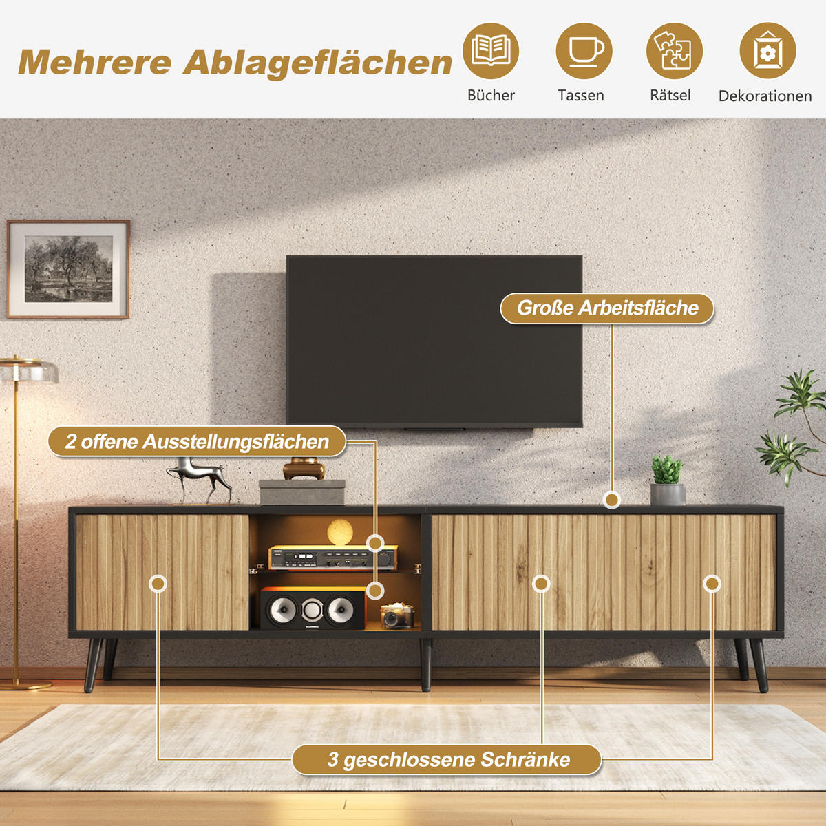 TV-LOWBOARD 175x31x43,5 cm Holz Schwarz LED 3 Schränke Stauraum - Naturfarben, Holzwerkstoff (31/43.5/175cm) - FLIEKS
