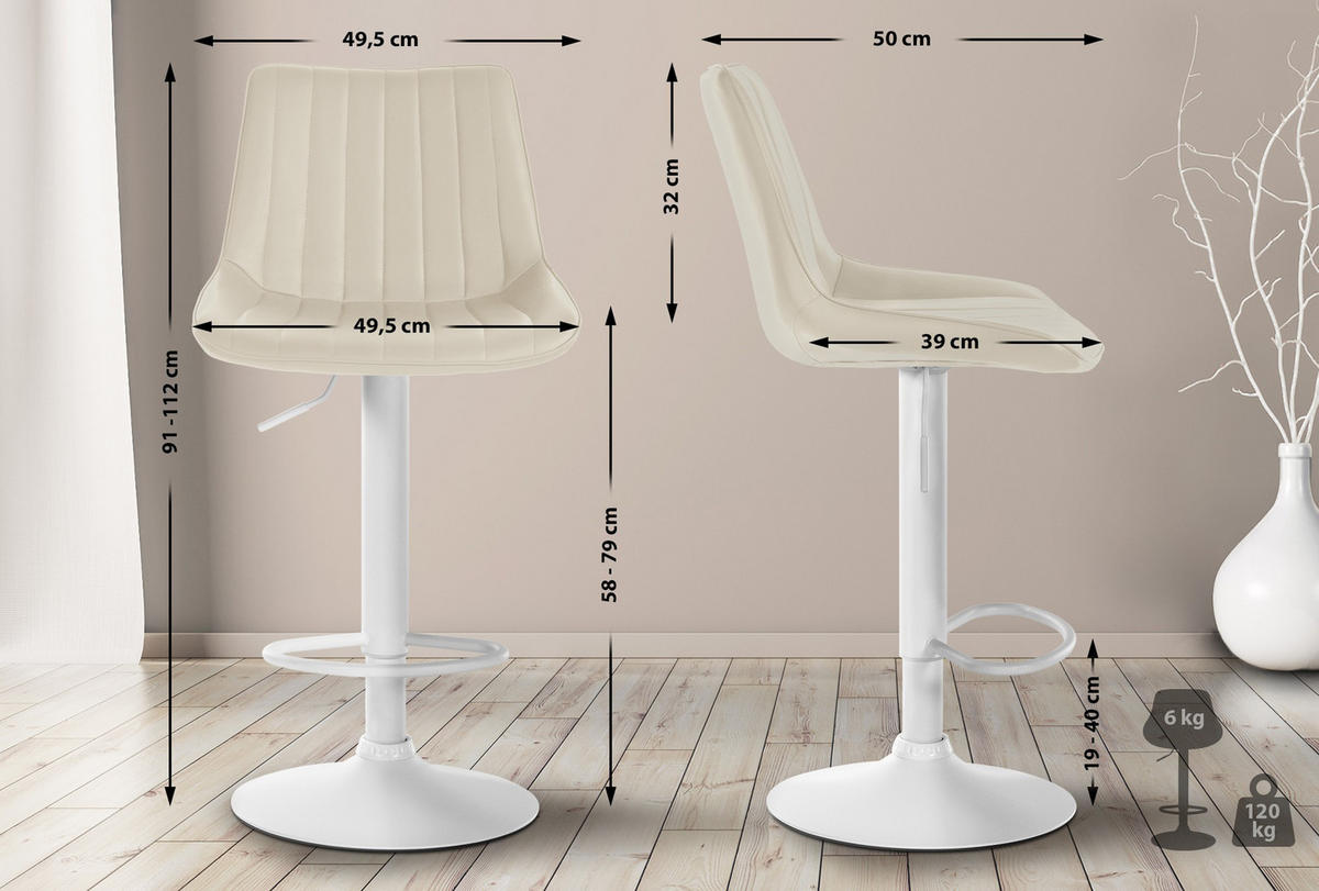 BARHOCKER Tolor Kunstleder weiß creme - Naturfarben/Weiß, Kunststoff/Metall (49.5/112/50cm) - TPFLiving