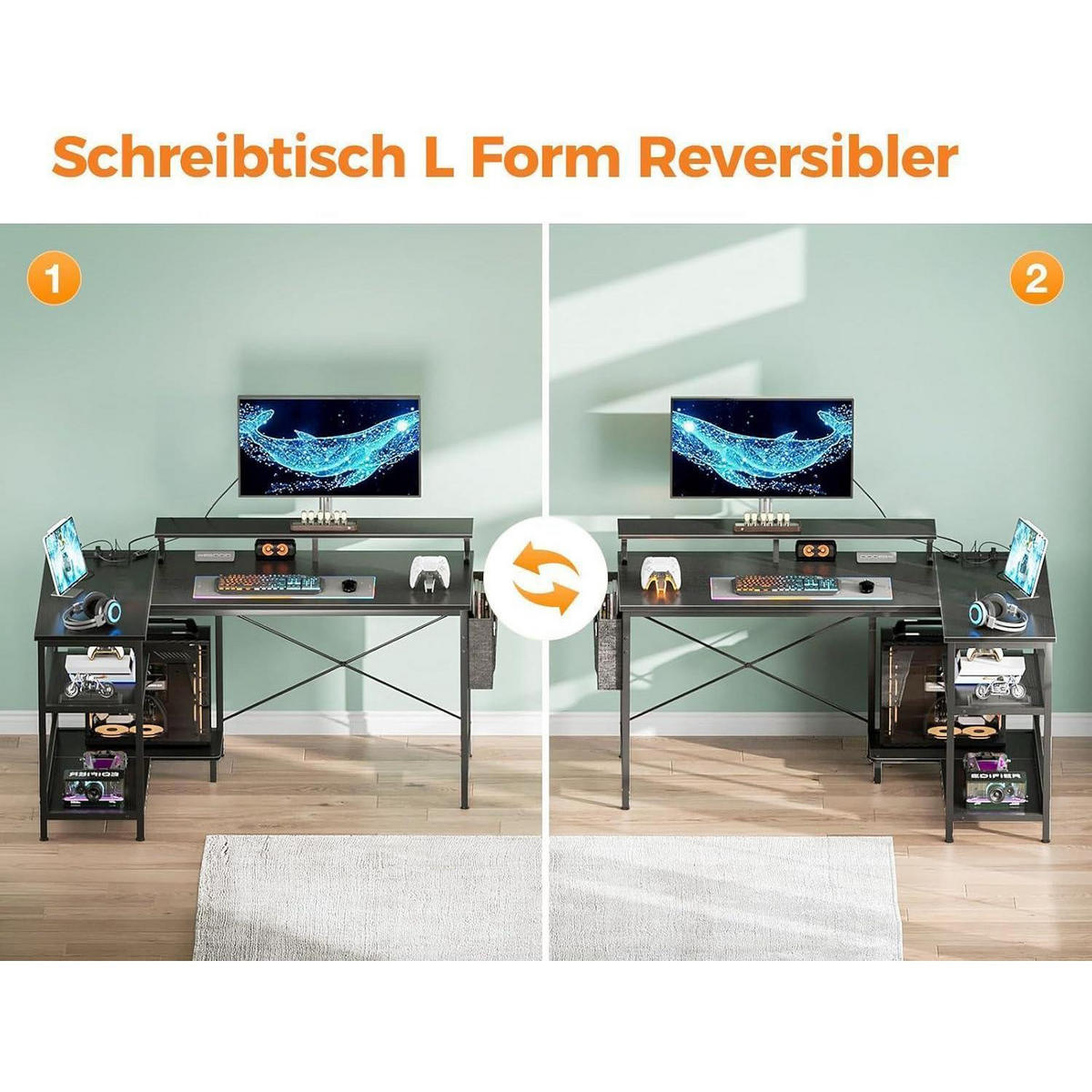 SCHREIBTISCH L-Form mit LED und Steckdosen 120 x 80 cm Schwarz - Schwarz, Metall (80/120/87.7cm)