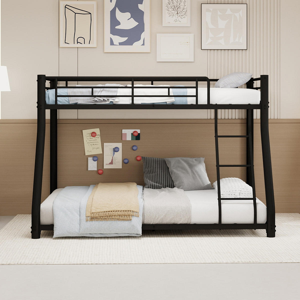 ETAGENBETT 90/190+140/190 mit Leiter und durchgehendem Geländer - Schwarz, Holzwerkstoff (90/190cm) - EVRYAE